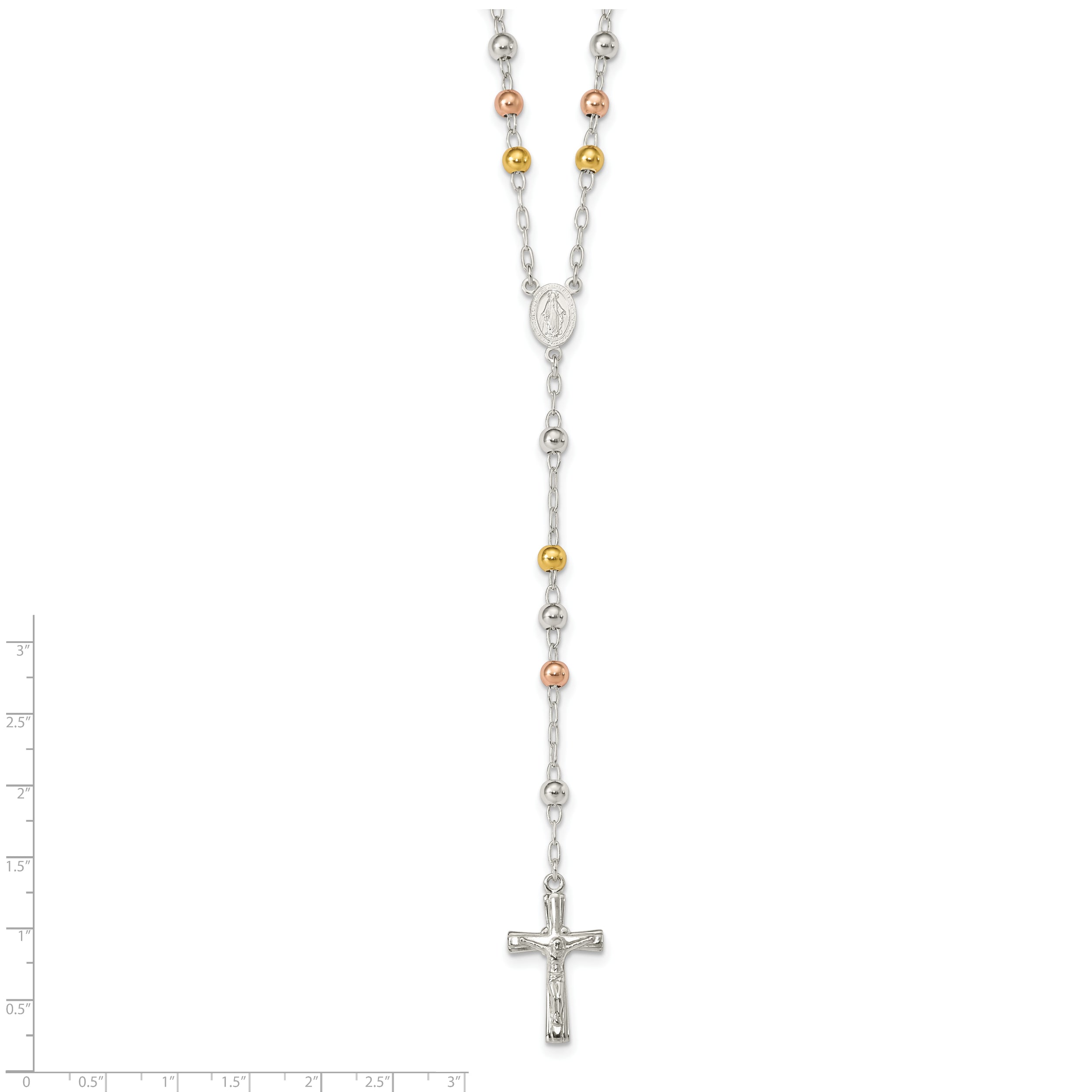 Sterling Silver Tri-Color Rosary Necklace with Polished Finish, 26-Inch - 26