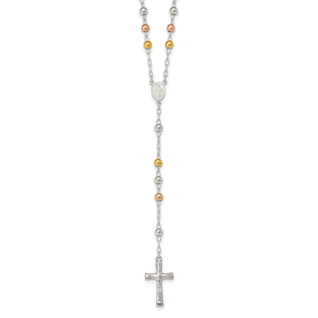 Sterling Silver Polished Rosary Tri-color Beads Necklace
