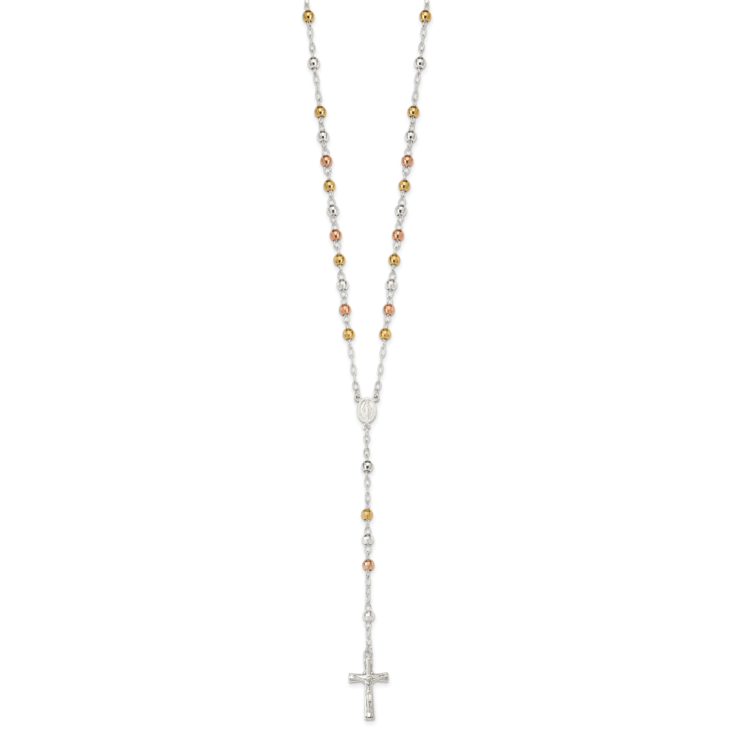 Sterling Silver Tri-color Rosary Necklace with Gold-Plated Polished Beads Secondary image