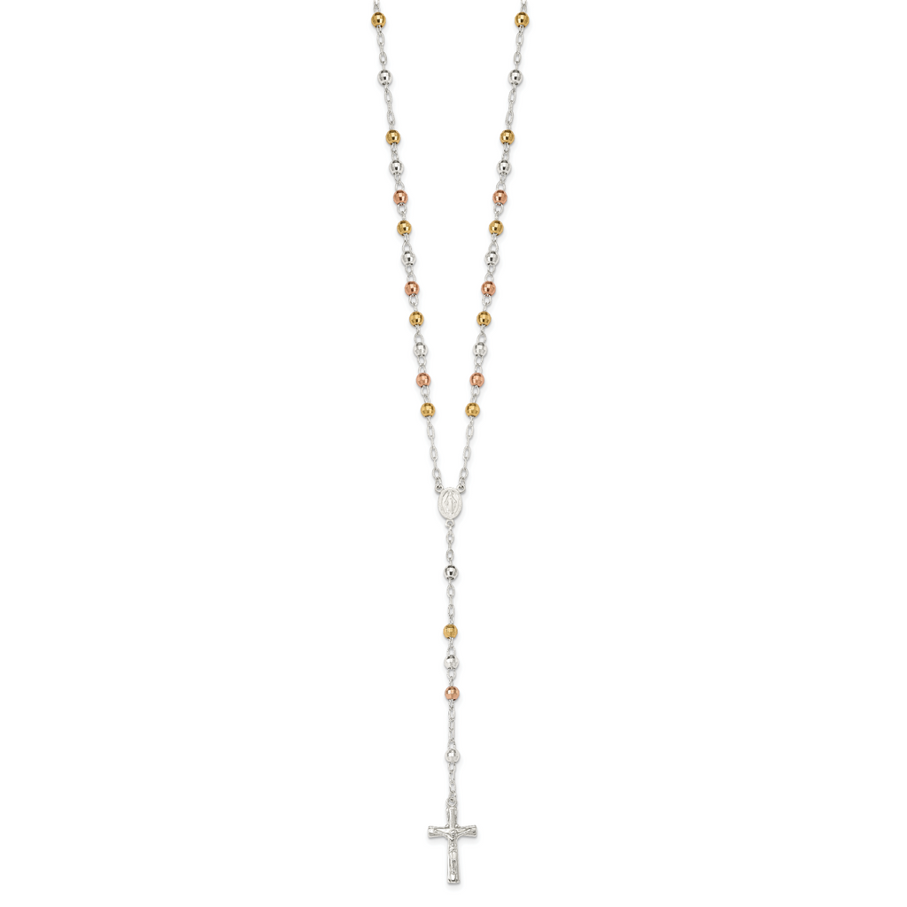 Sterling Silver Tri-color Rosary Necklace with Gold-Plated Polished Beads
