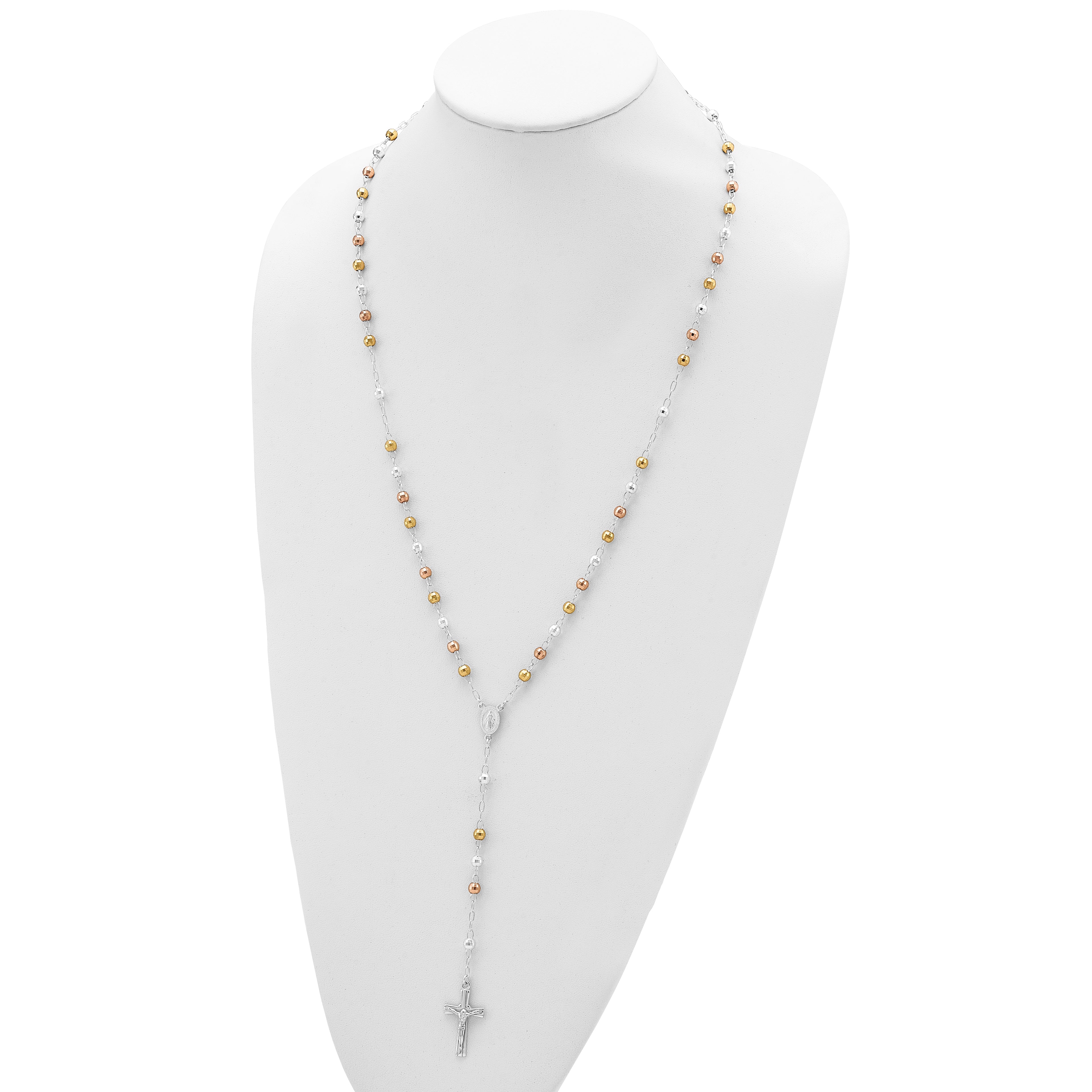 Sterling Silver Tri-color Rosary Necklace with Gold-Plated Polished Beads