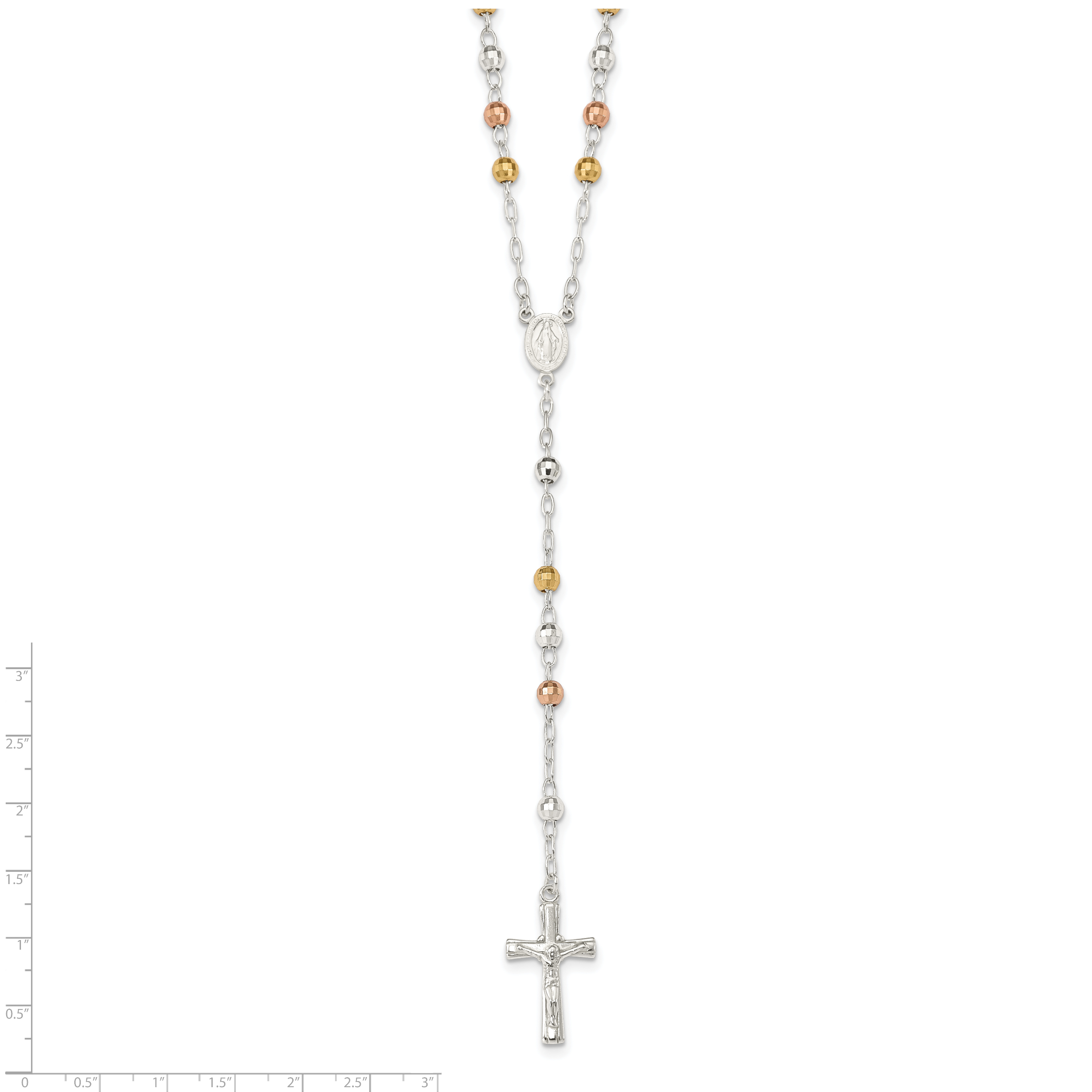 Sterling Silver Tri-color Rosary Necklace with Gold-Plated Polished Beads