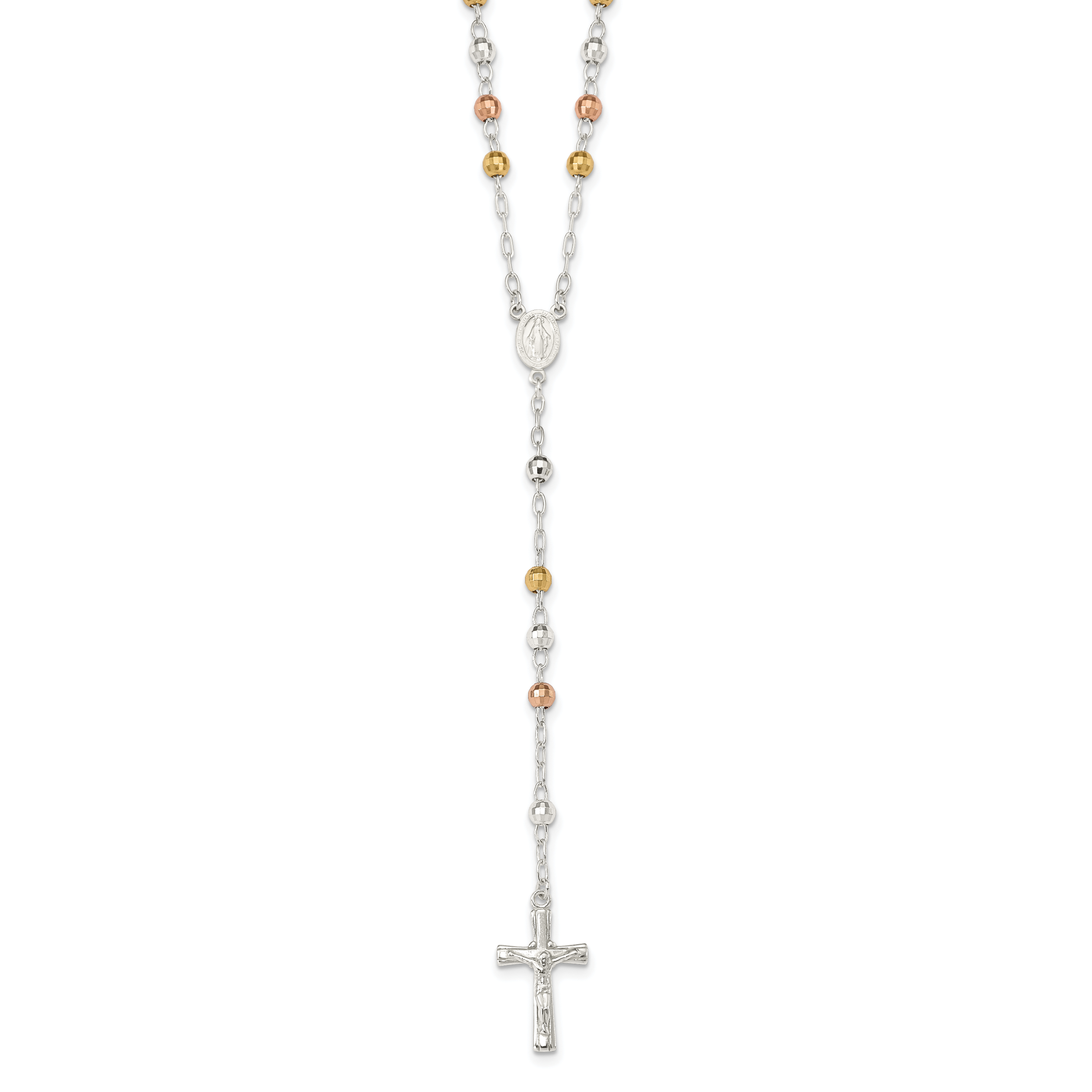 Sterling Silver Tri-color Polished Textured Bead Rosary 26 inch Necklace Main image