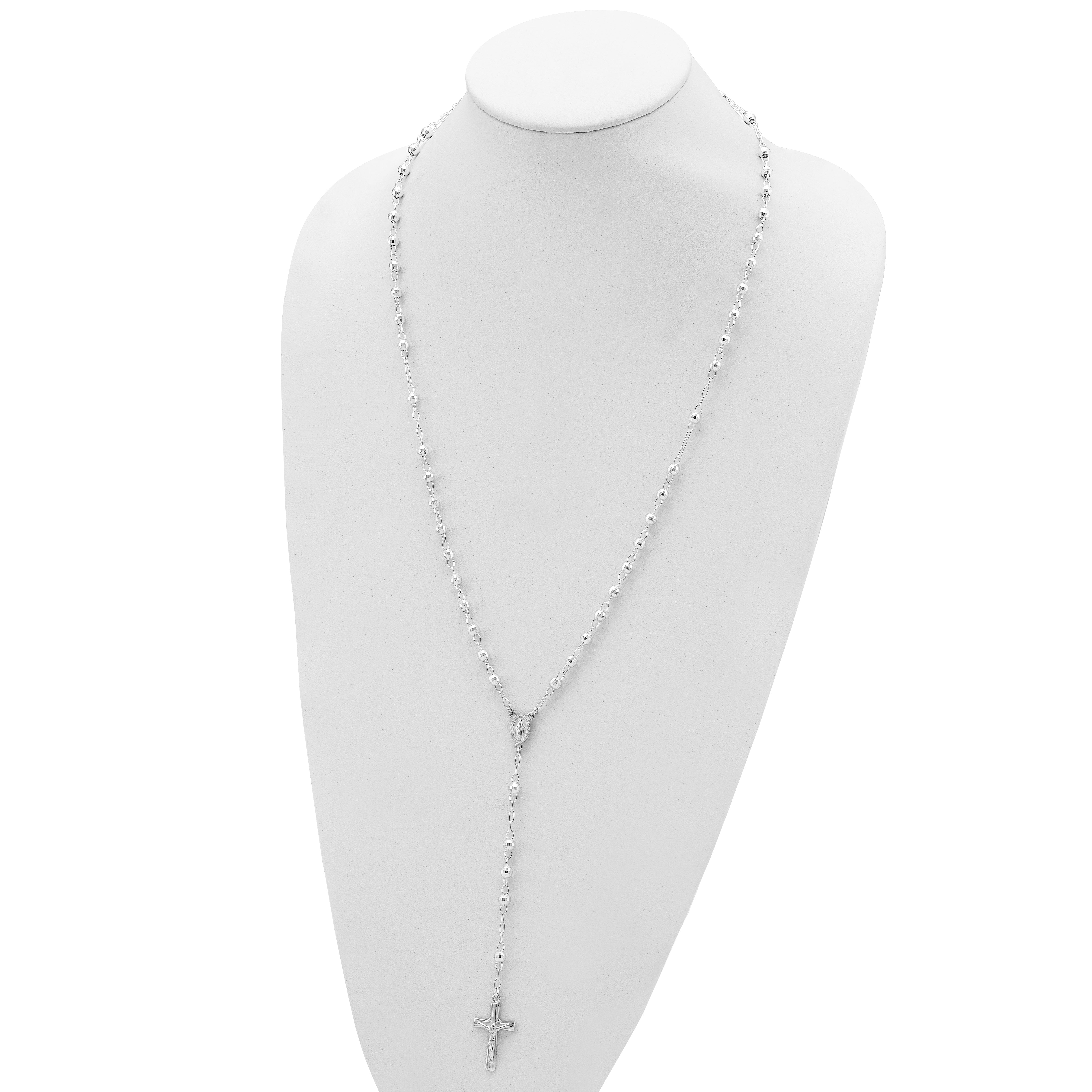 Sterling Silver Polished and Textured Bead Rosary 26 inch Necklace