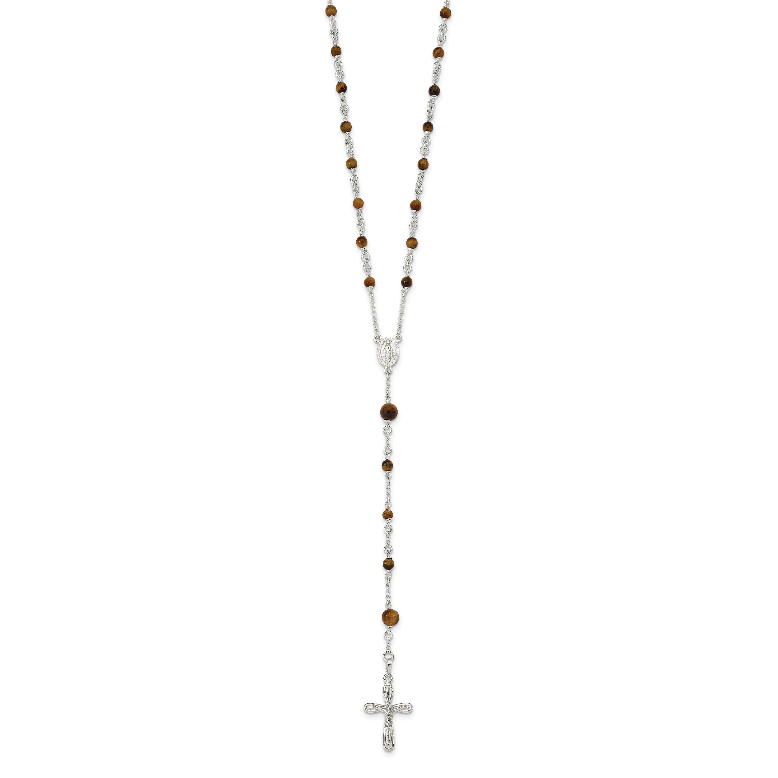 Sterling Silver Tiger Eye Rosary Necklace 33 Polished Women's Jewelry