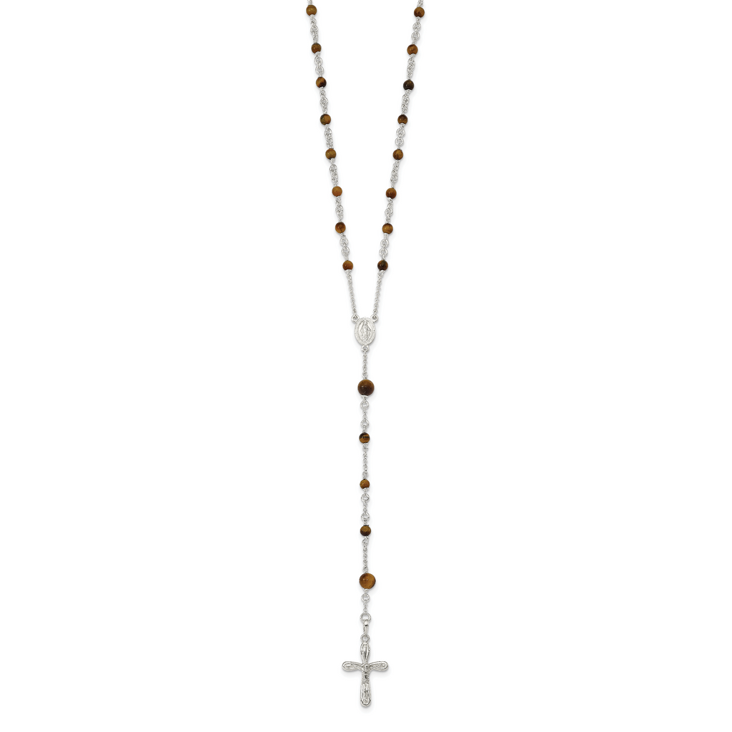 Sterling Silver Tiger Eye Rosary Necklace 33 Polished Women's Jewelry