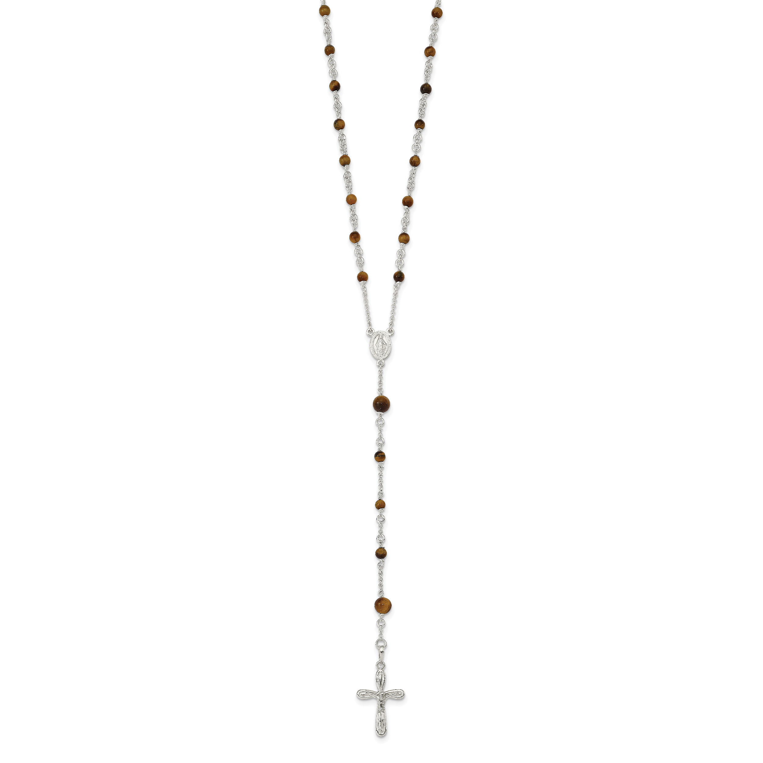 Sterling Silver Tiger Eye Rosary Necklace 33 Polished Women's Jewelry