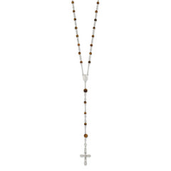 Sterling Silver Polished Tiger Eye Bead Rosary 33 inch Necklace