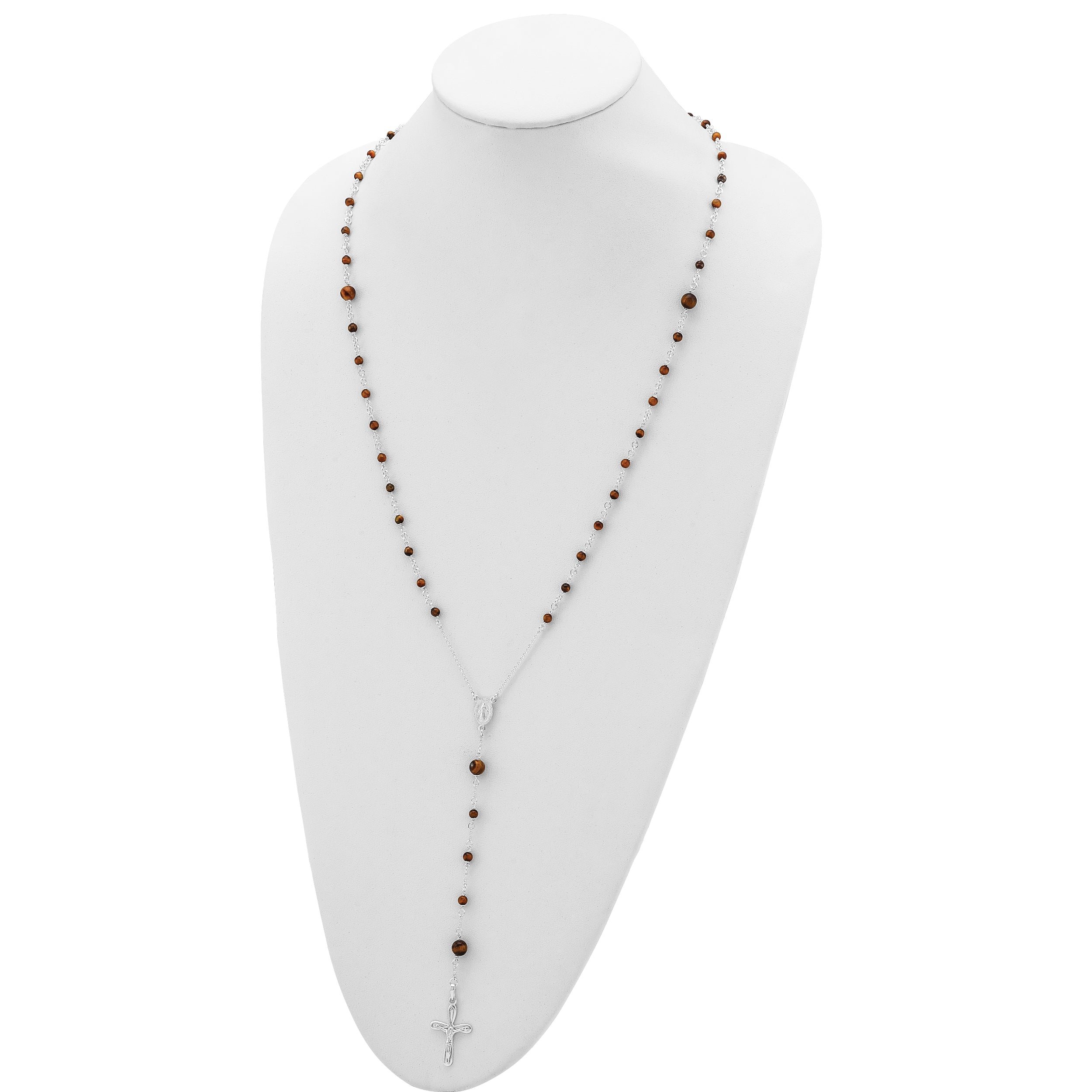 Sterling Silver Tiger Eye Rosary Necklace 33 Polished Women's Jewelry