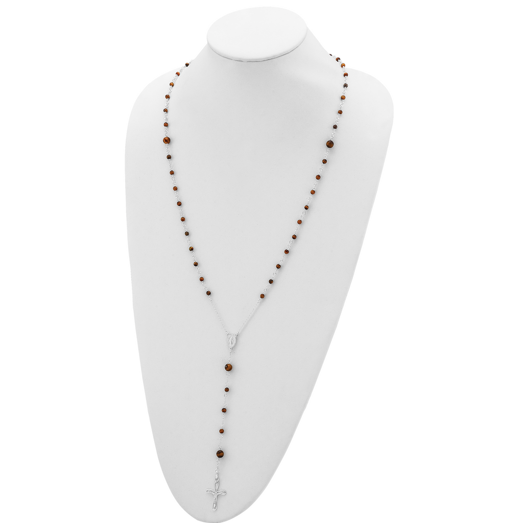 Sterling Silver Tiger Eye Rosary Necklace 33 Polished Women's Jewelry