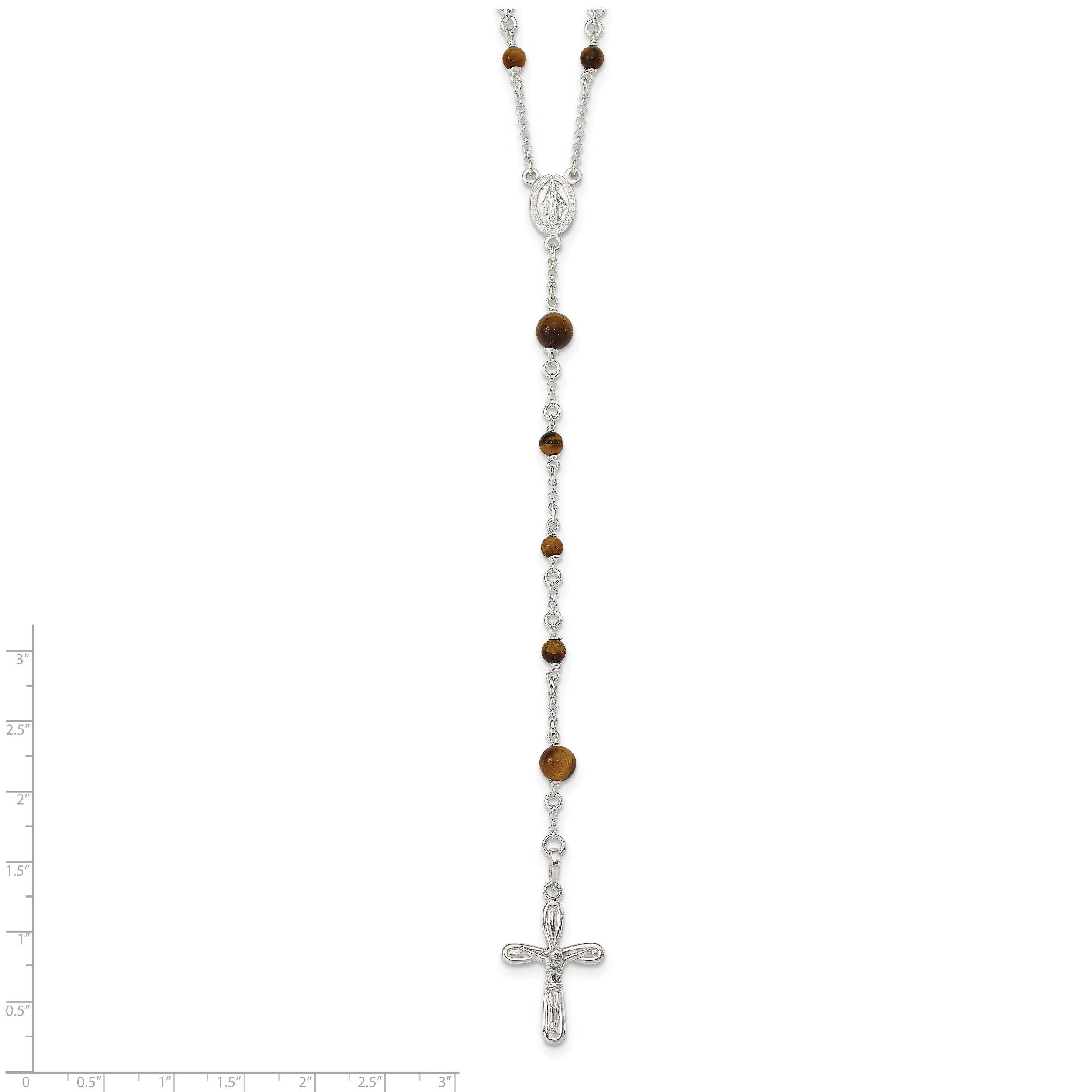 Sterling Silver Tiger Eye Rosary Necklace 33 Polished Women's Jewelry