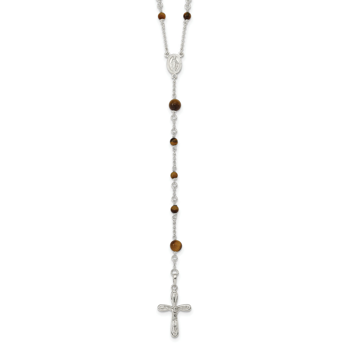 Sterling Silver Polished Tiger Eye Bead Rosary 33 inch Necklace