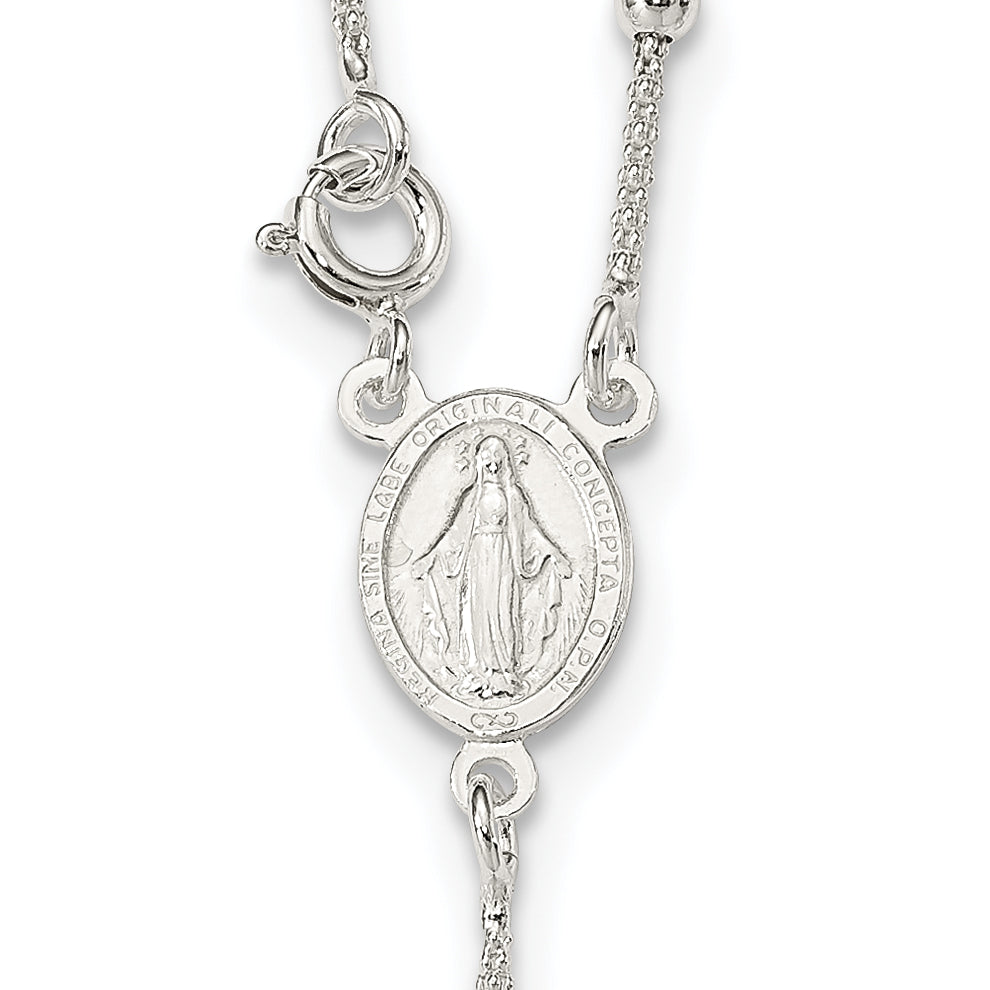 Sterling Silver 925 Polished Bead Rosary Necklace for Women 16 Inch