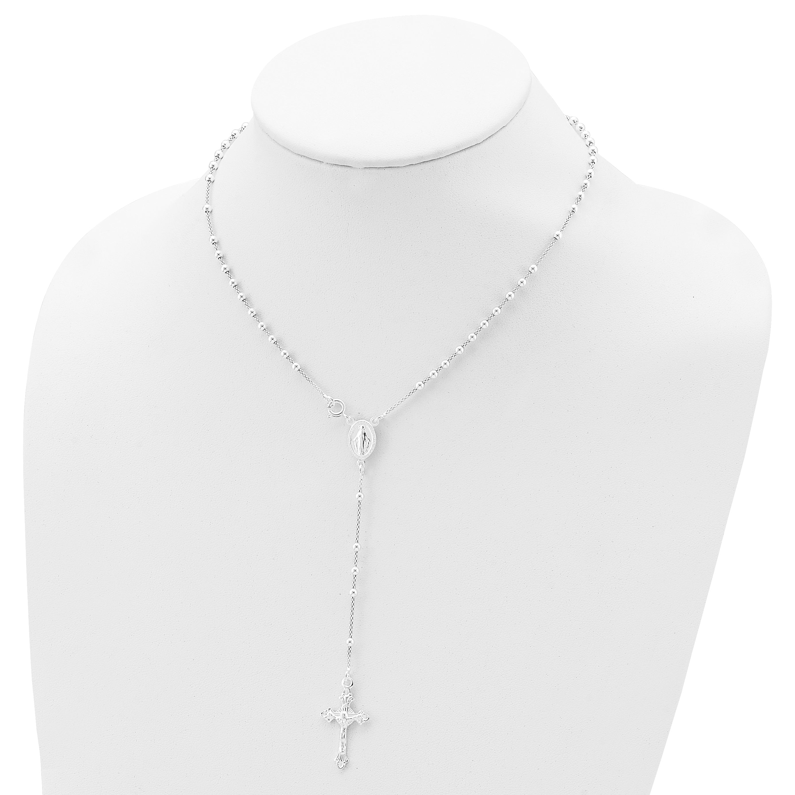 Sterling Silver 925 Polished Bead Rosary Necklace for Women 16 Inch