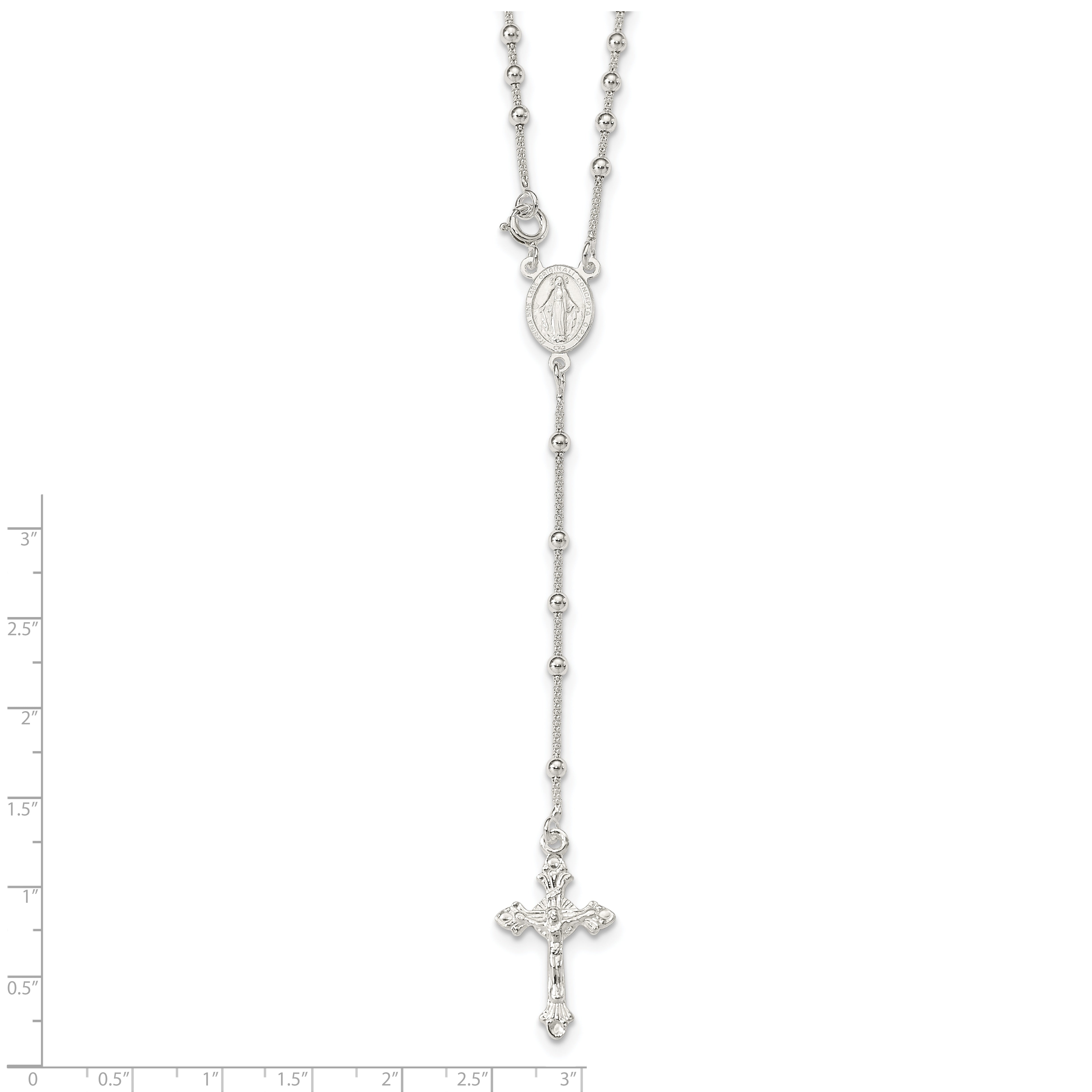 Sterling Silver 925 Polished Bead Rosary Necklace for Women 16 Inch