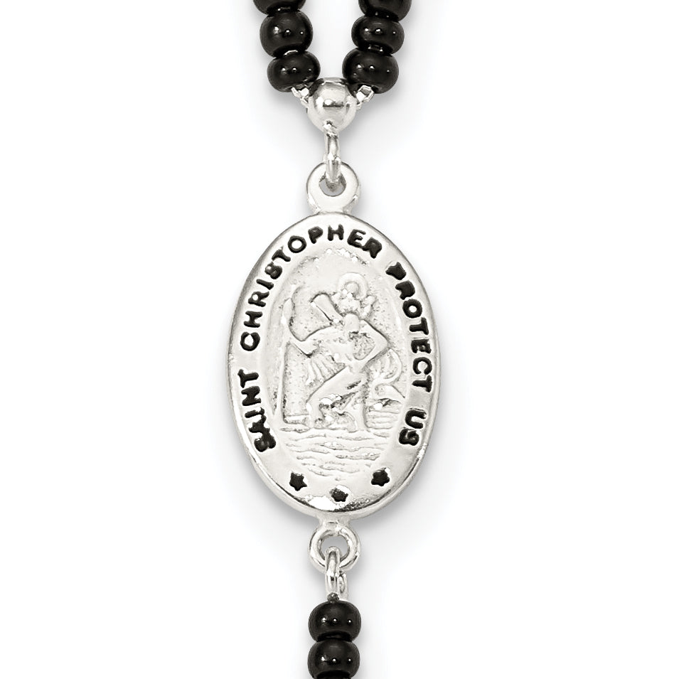 Sterling Silver 925 Rosary Necklace with Black Glass Beads 24 Polished - 24
