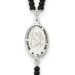 Sterling Silver 925 Rosary Necklace with Black Glass Beads 24 Polished - 24