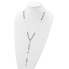 Sterling Silver 925 Rosary Necklace with Black Glass Beads 24 Polished - 24