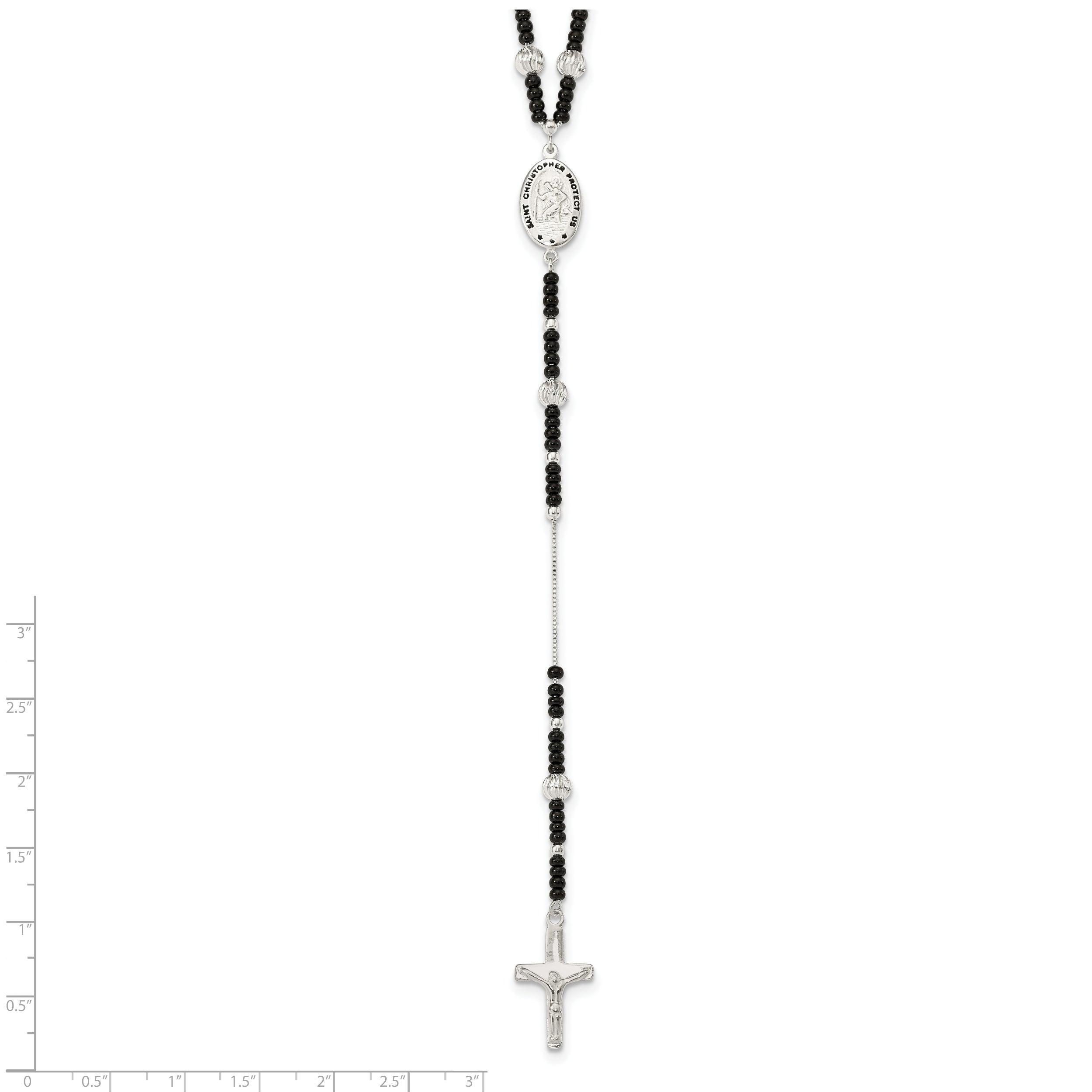 Sterling Silver 925 Rosary Necklace with Black Glass Beads 24 Polished - 24