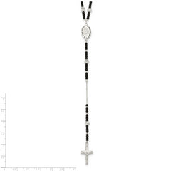 Sterling Silver 925 Rosary Necklace with Black Glass Beads 24 Polished - 24