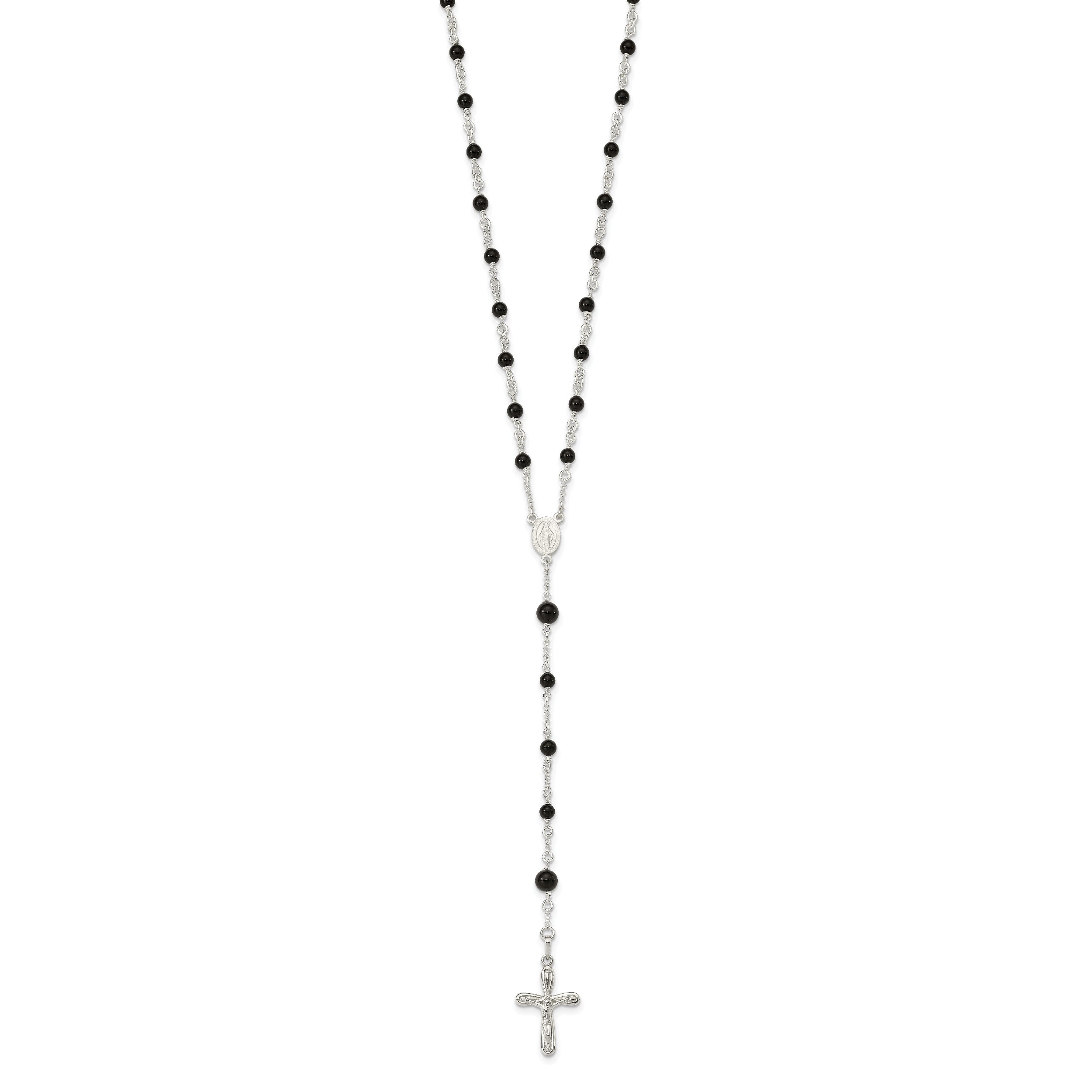 Women's Sterling Silver 925 Polished Black Onyx Rosary Necklace