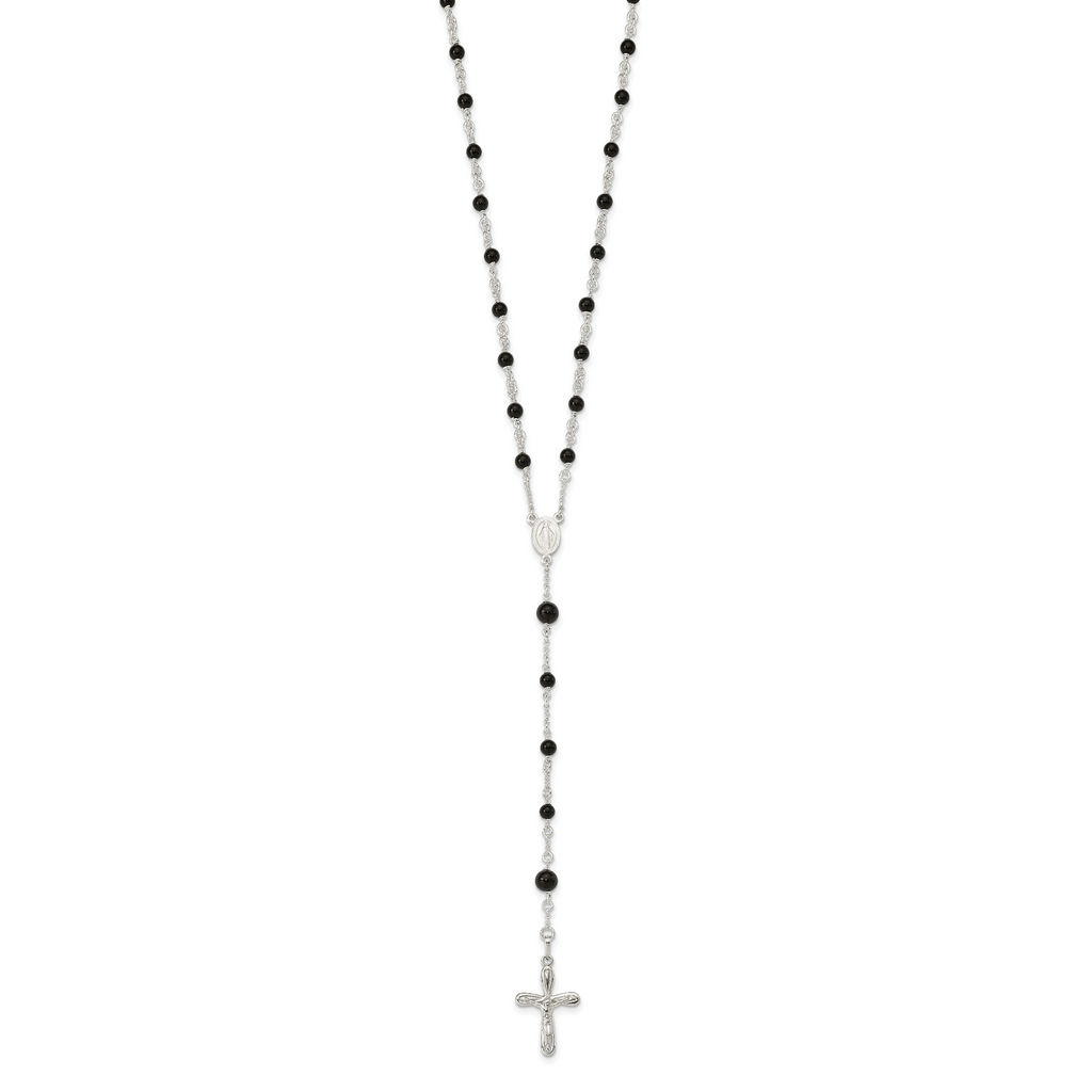 Women's Sterling Silver 925 Polished Black Onyx Rosary Necklace
