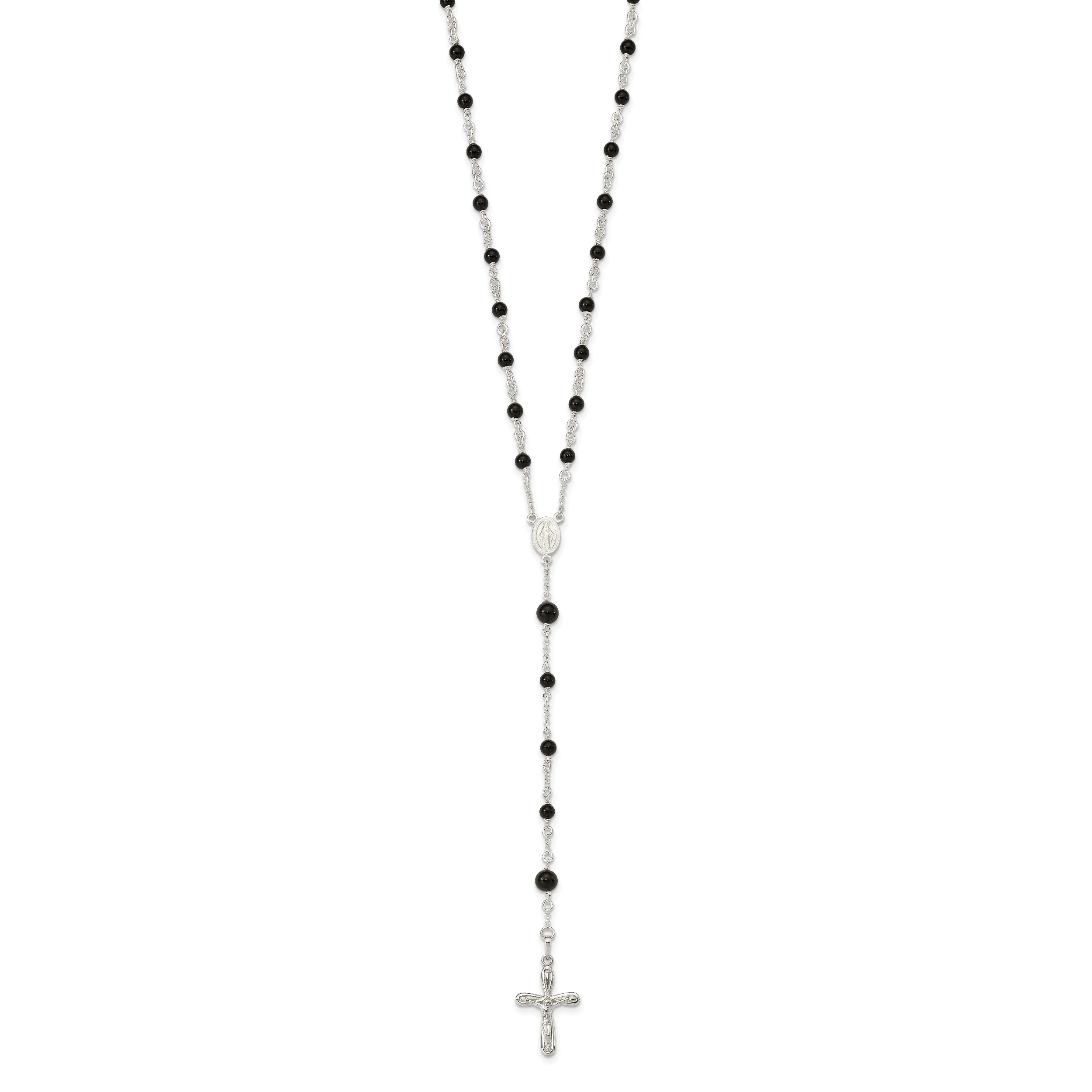 Women's Sterling Silver 925 Polished Black Onyx Rosary Necklace