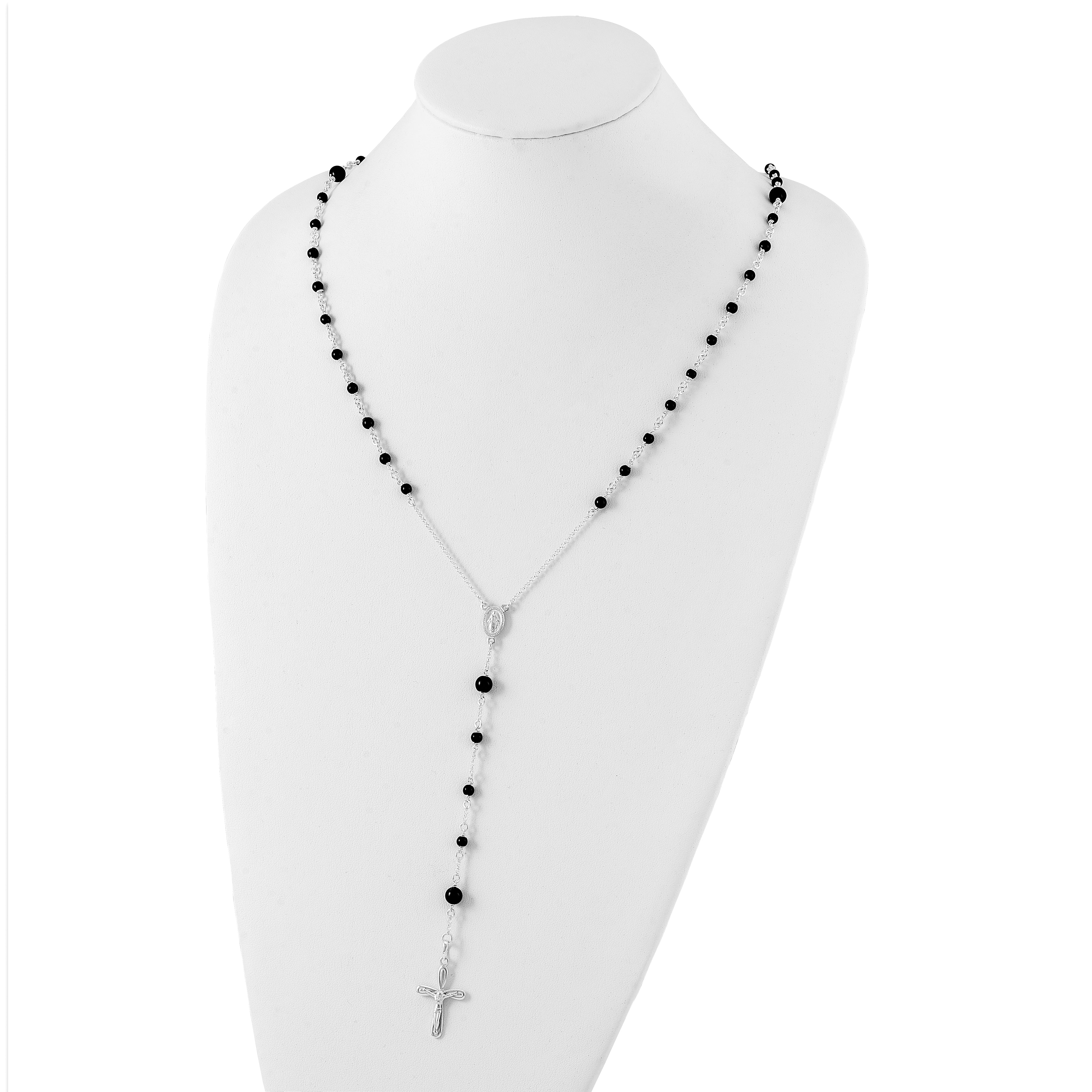 Women's Sterling Silver 925 Polished Black Onyx Rosary Necklace