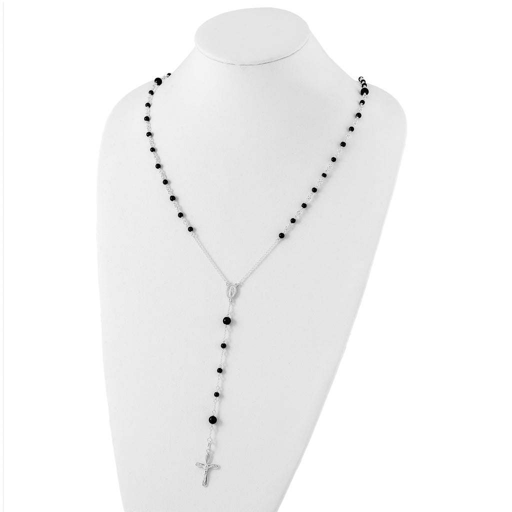 Women's Sterling Silver 925 Polished Black Onyx Rosary Necklace