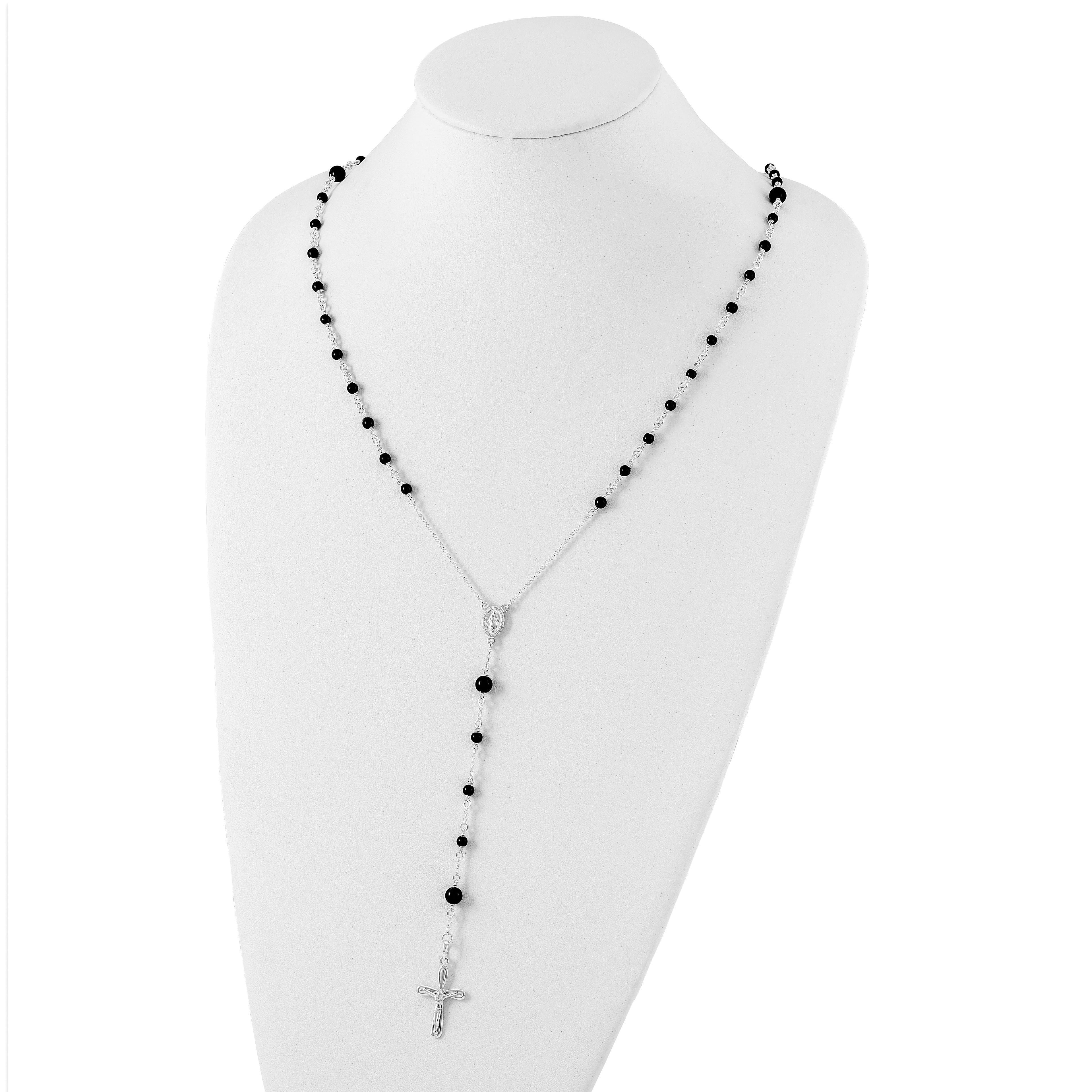 Women's Sterling Silver 925 Polished Black Onyx Rosary Necklace