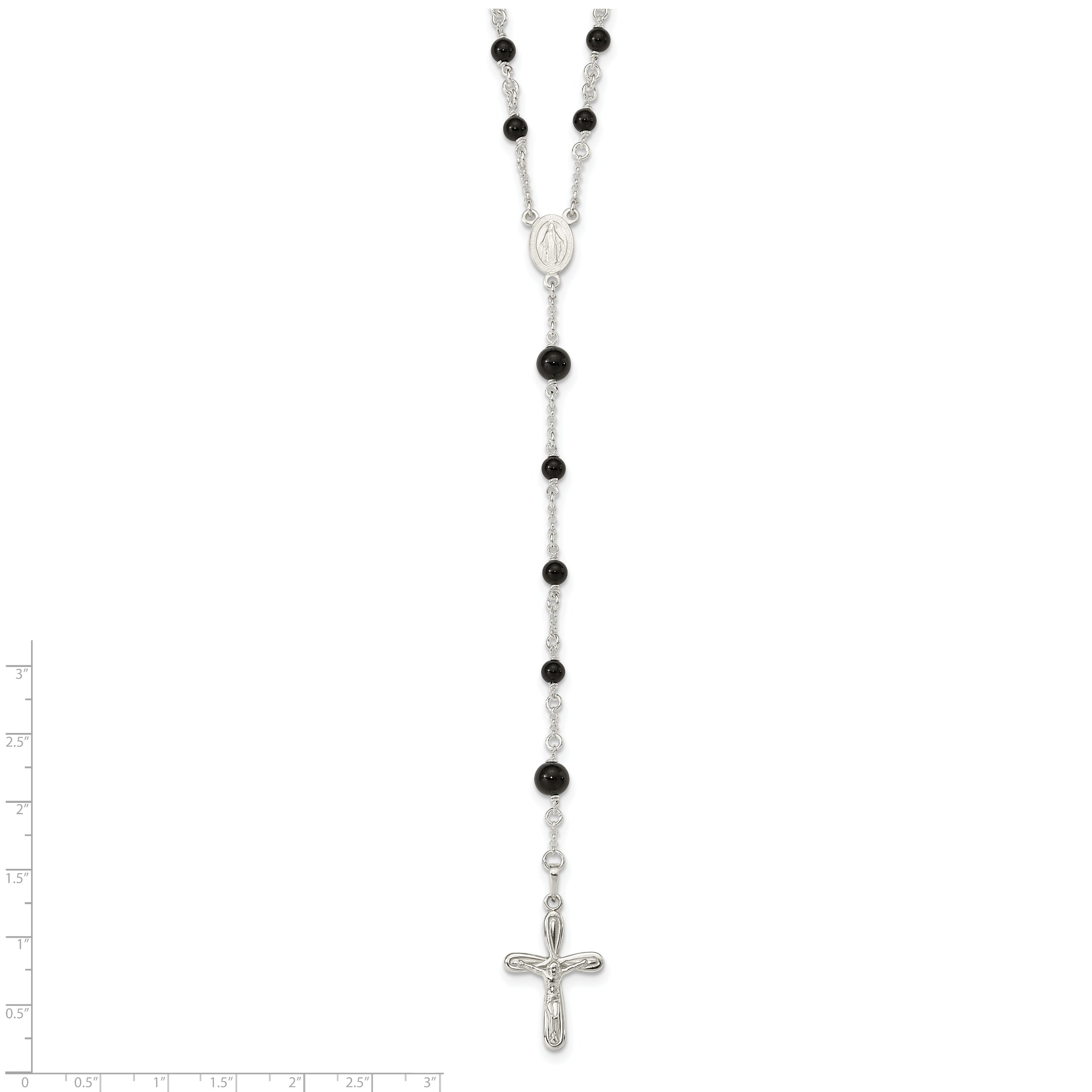 Women's Sterling Silver 925 Polished Black Onyx Rosary Necklace