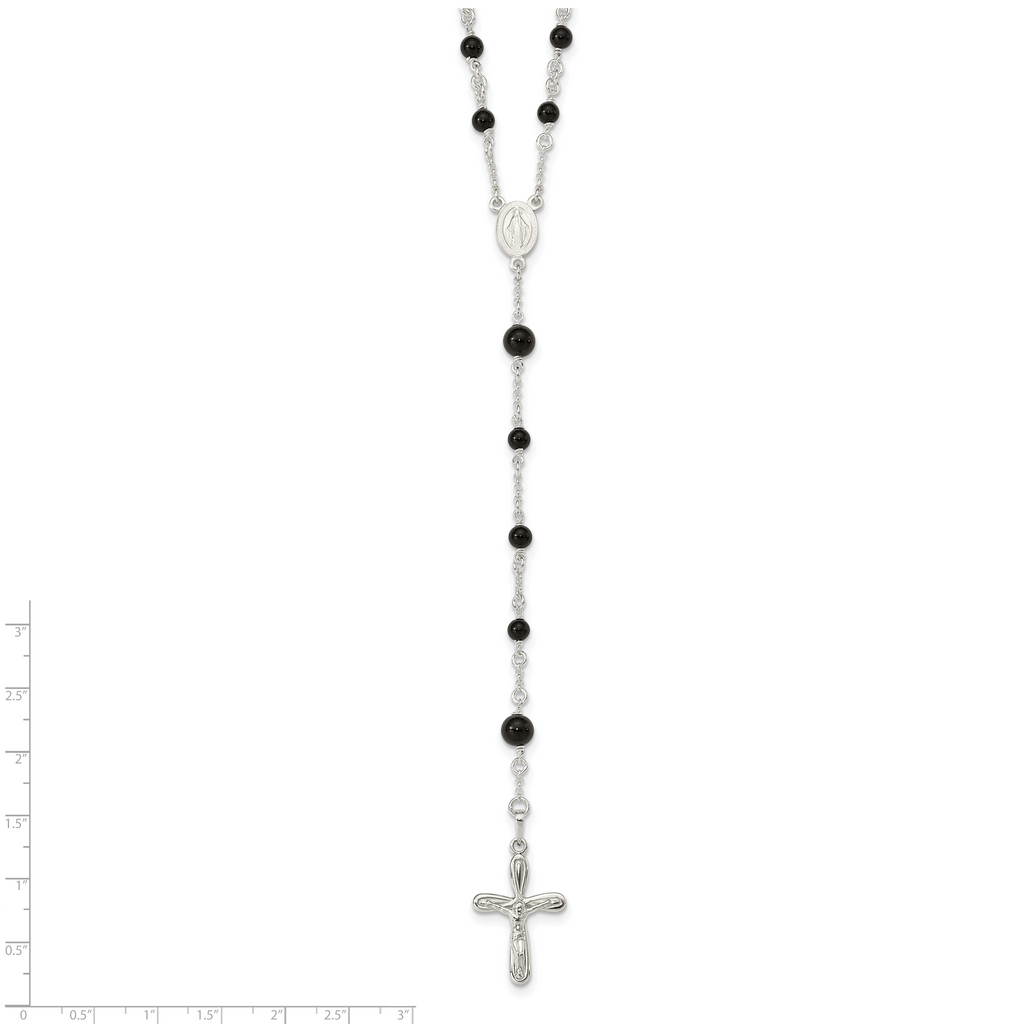 Women's Sterling Silver 925 Polished Black Onyx Rosary Necklace