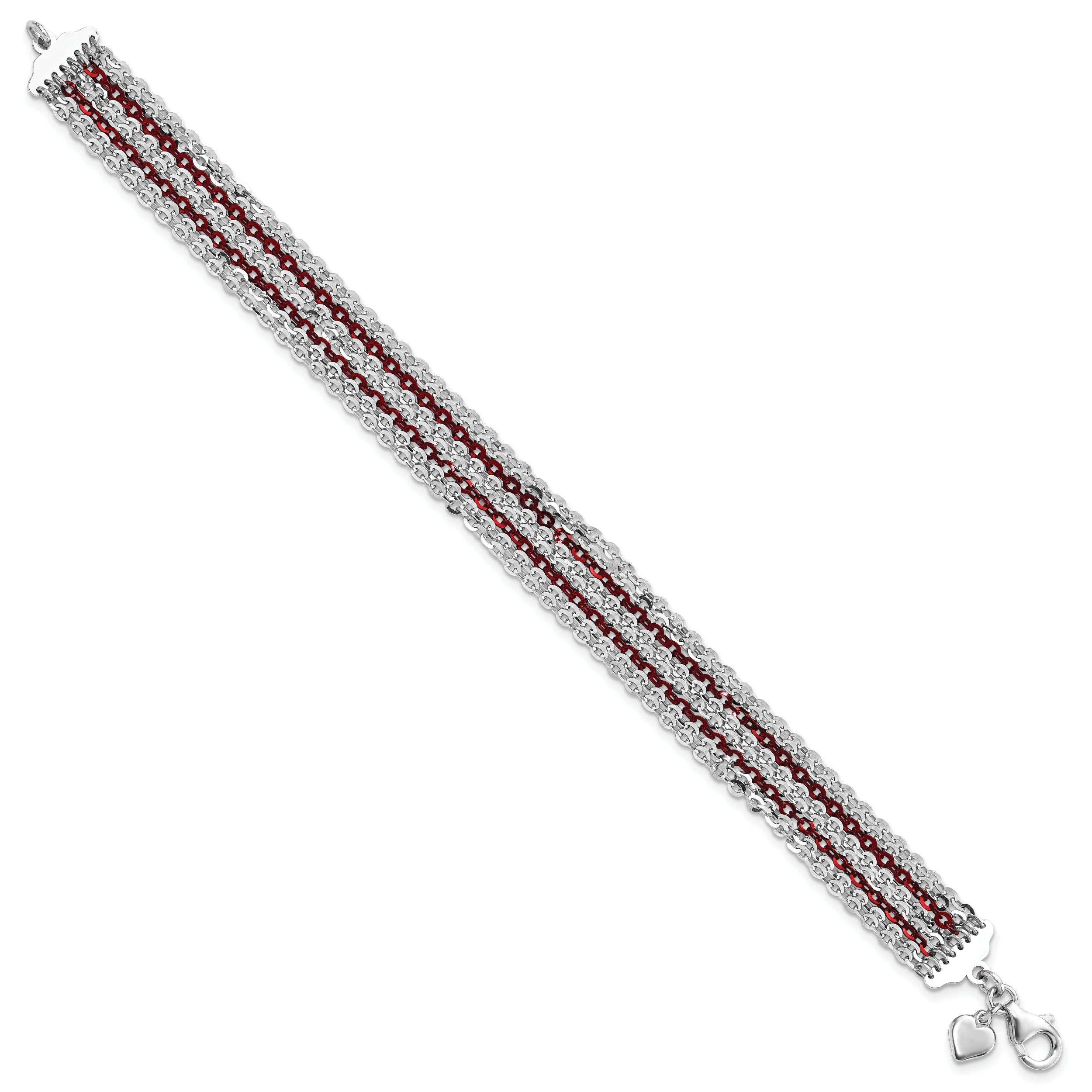 Sterling Silver Rhodium & Red-Plated Multi-Strand Chain Bracelet