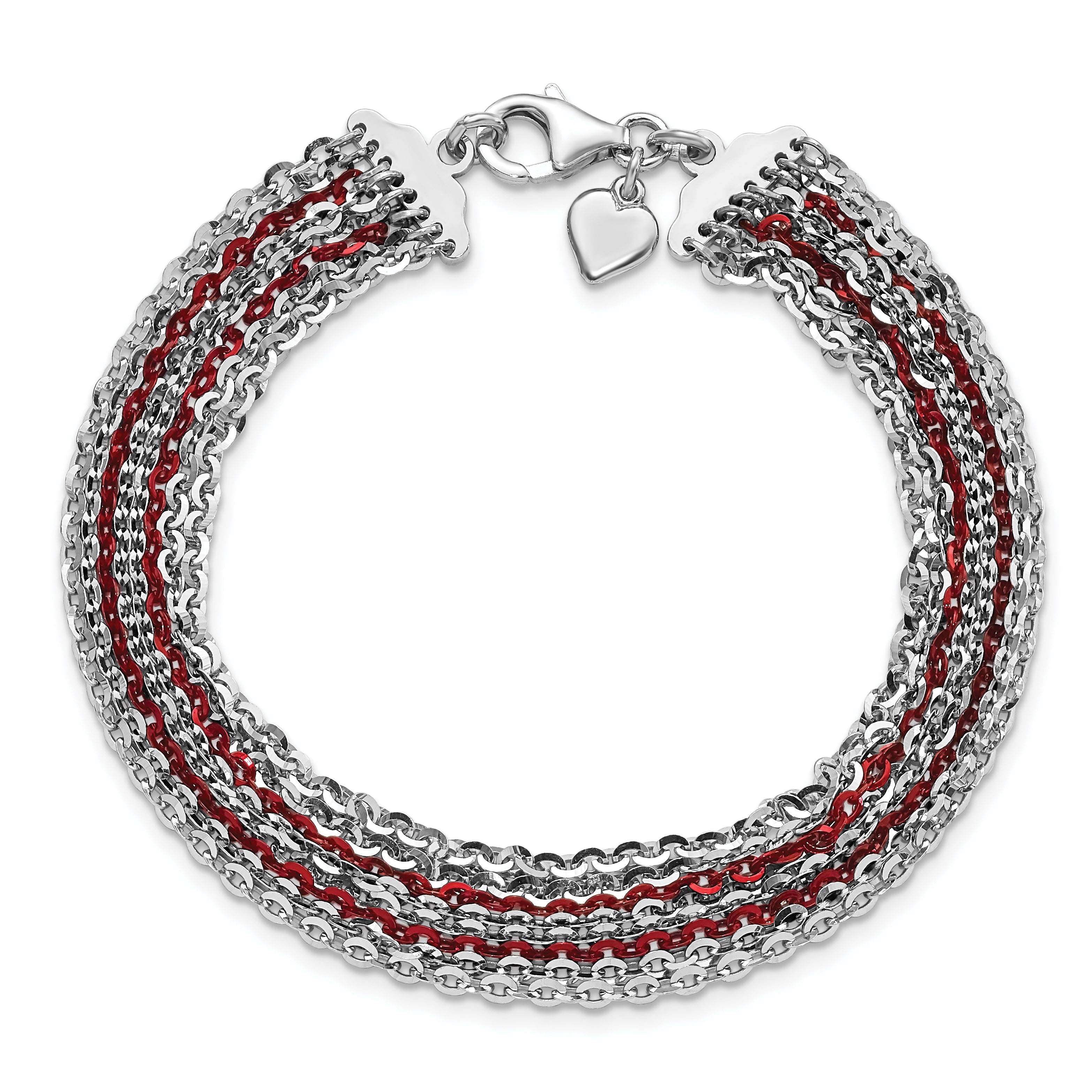 Sterling Silver Rhodium & Red-Plated Multi-Strand Chain Bracelet