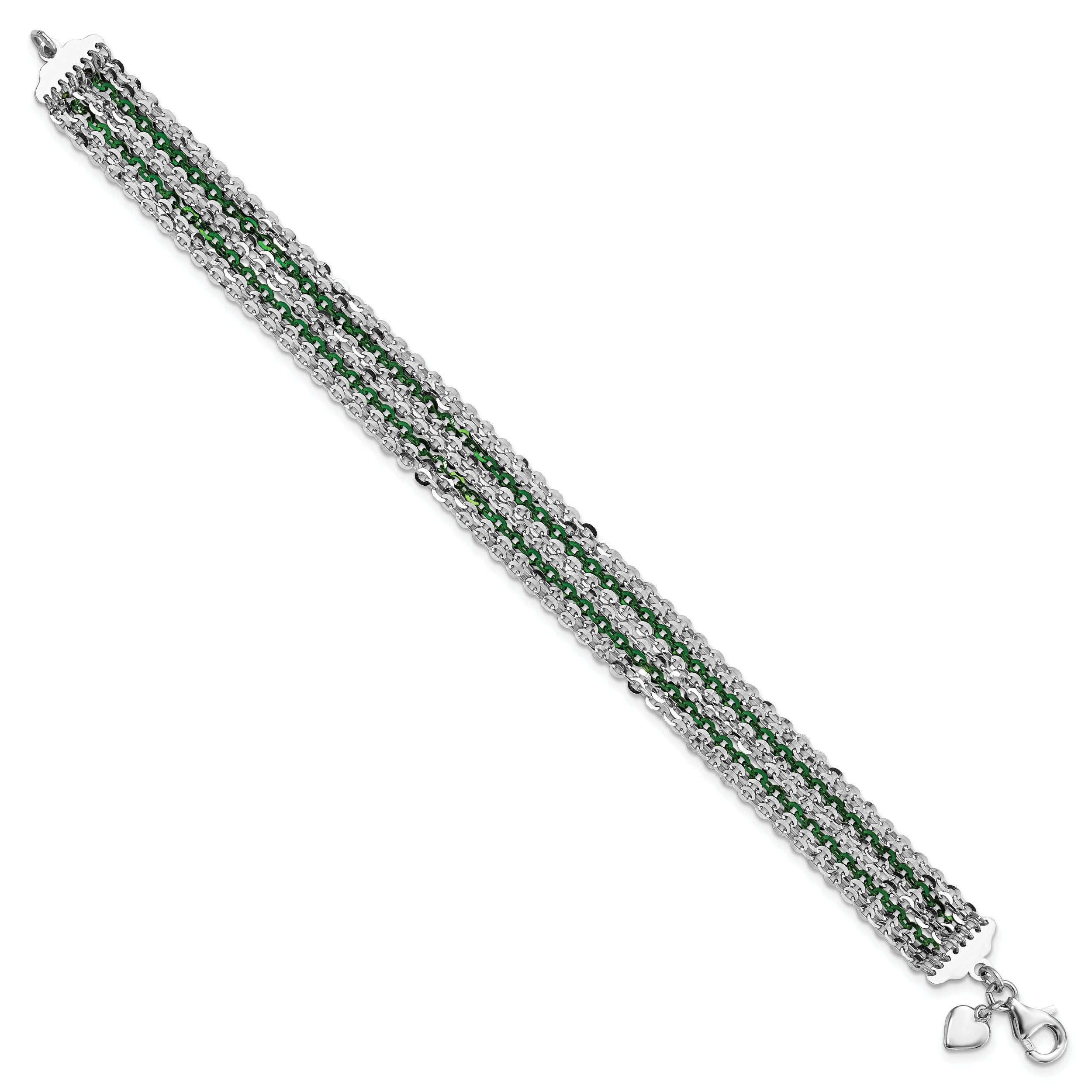 Sterling Silver Rhodium & Green-Plated Multi-Strand Chain Bracelet