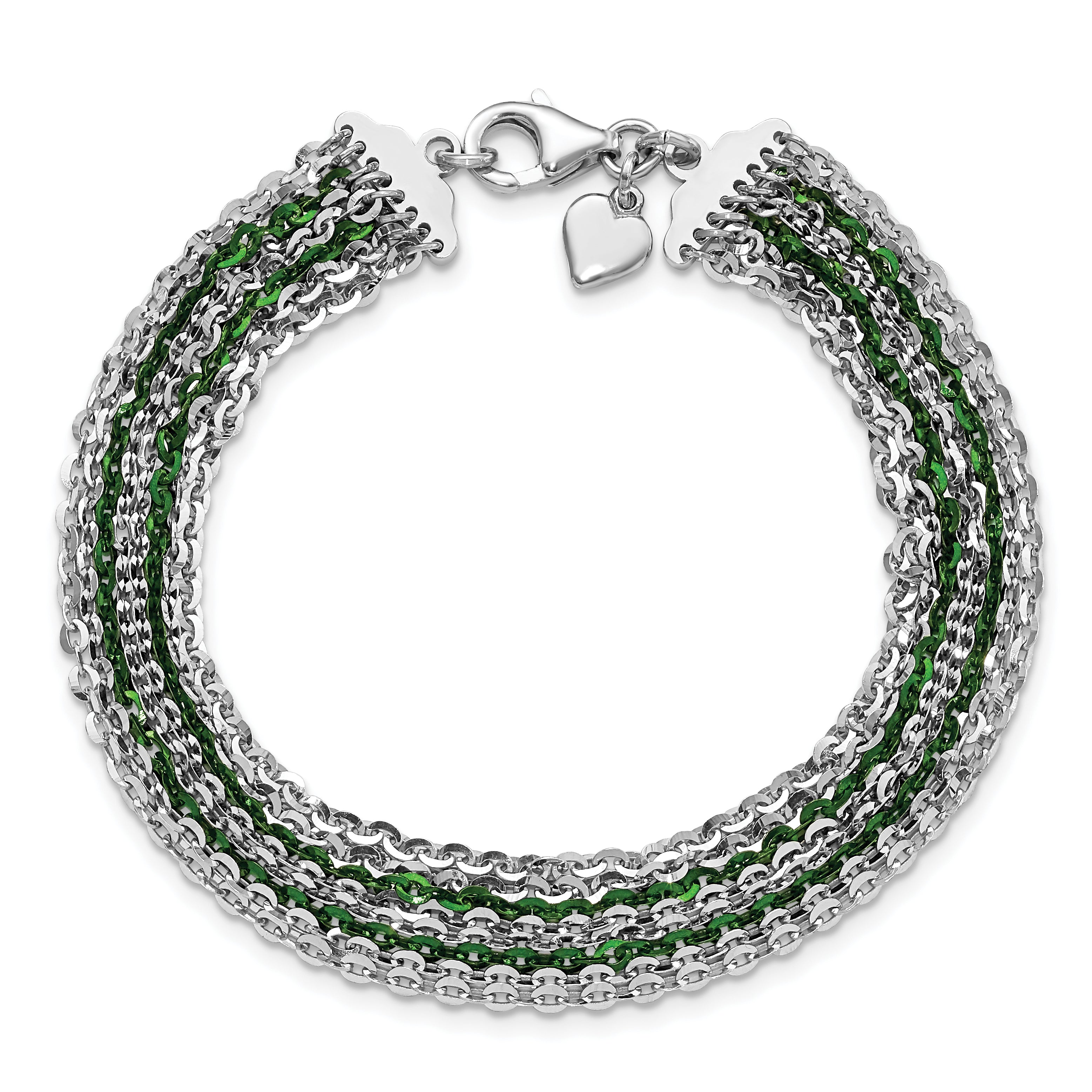 Sterling Silver Rhodium & Green-Plated Multi-Strand Chain Bracelet