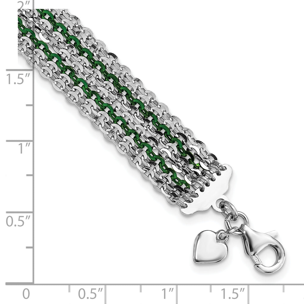 Sterling Silver Rhodium & Green-Plated Multi-Strand Chain Bracelet