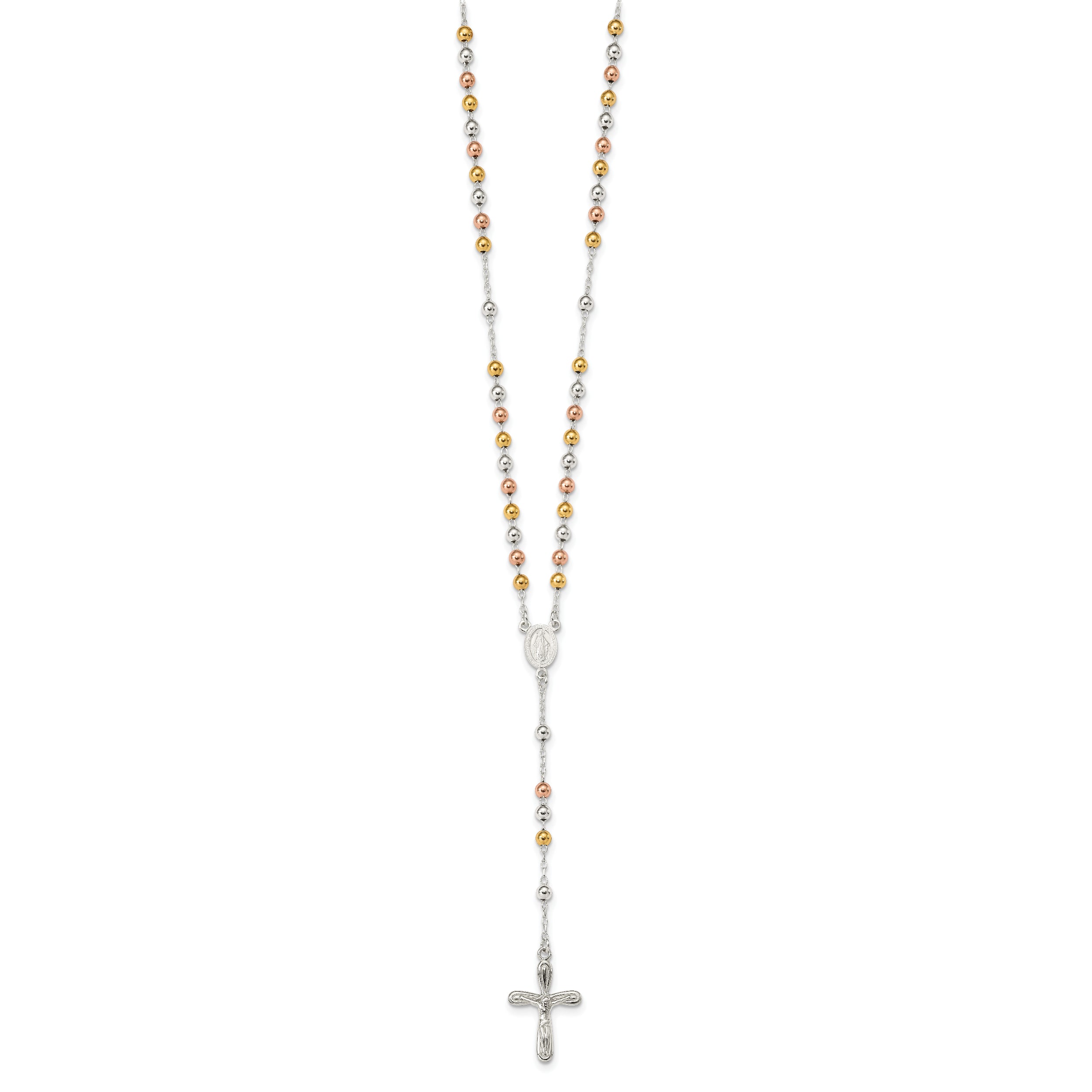 Sterling Silver Polished White Rose and Yellow Bead Rosary 18 inch Necklace