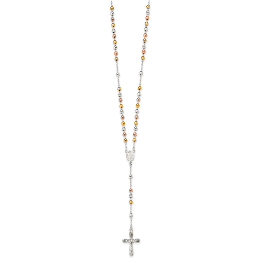 Sterling Silver 925 Polished Rosary Necklace with Tri-Color Beads
