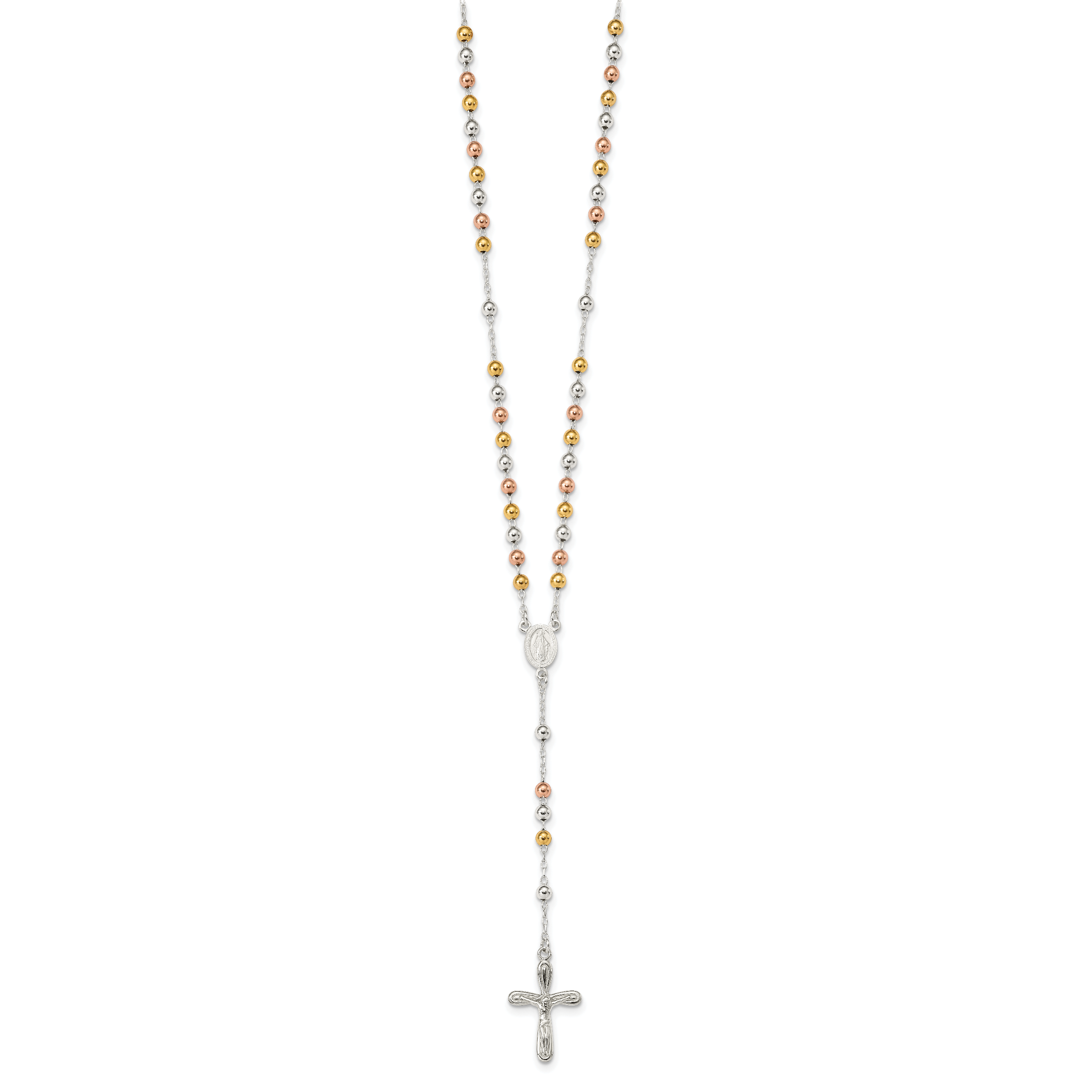 Sterling Silver 925 Polished Rosary Necklace with Tri-Color Beads