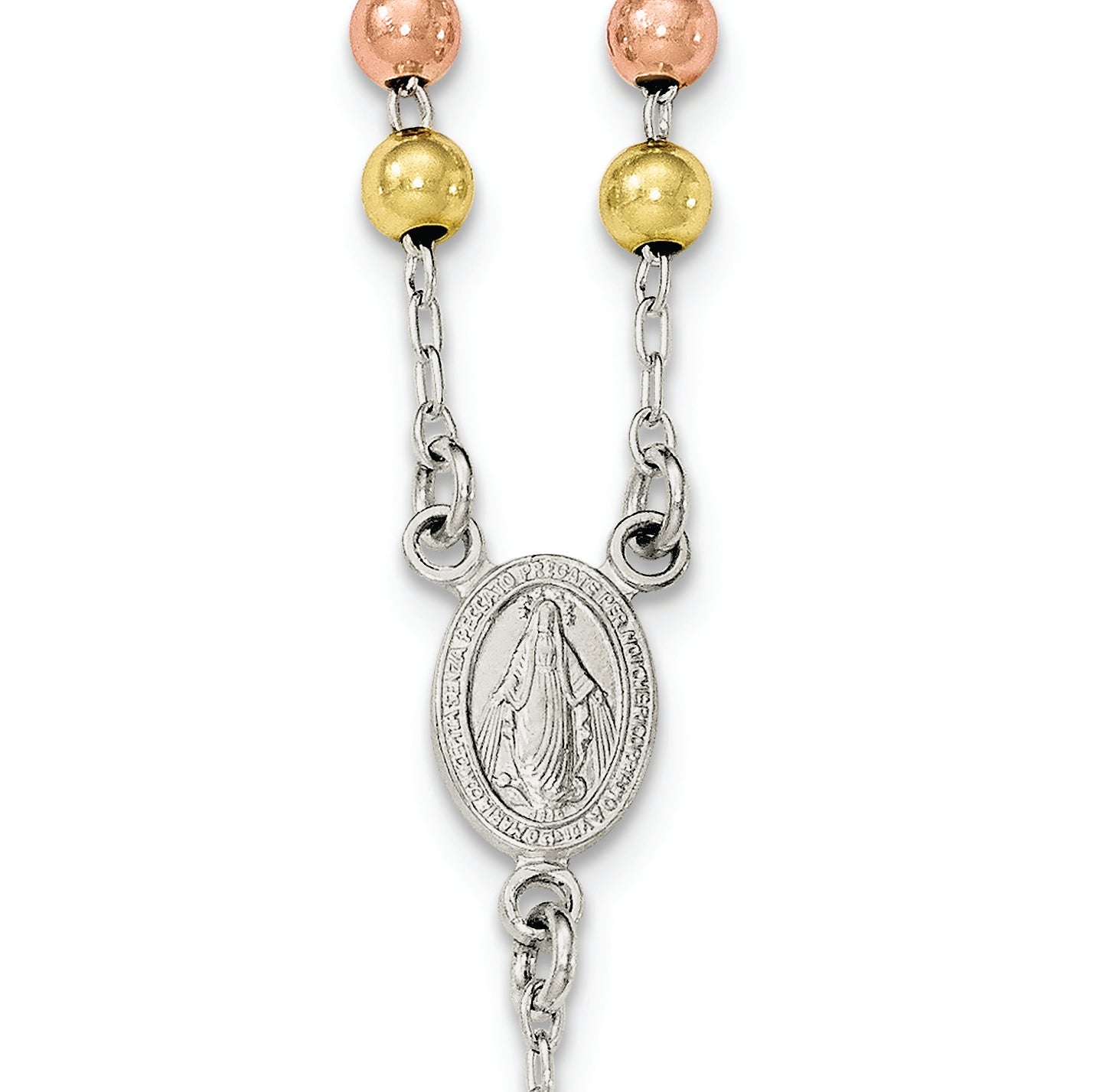 Sterling Silver 925 Polished Rosary Necklace with Tri-Color Beads