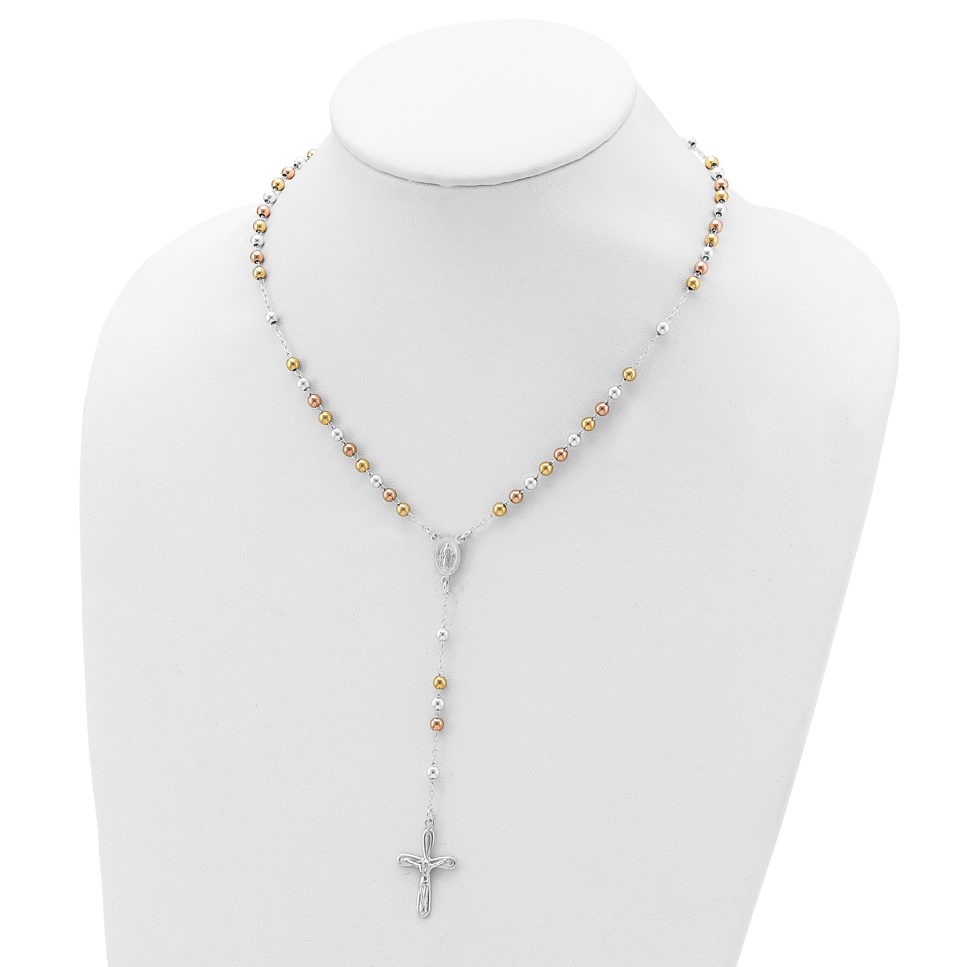 Sterling Silver 925 Polished Rosary Necklace with Tri-Color Beads - 18