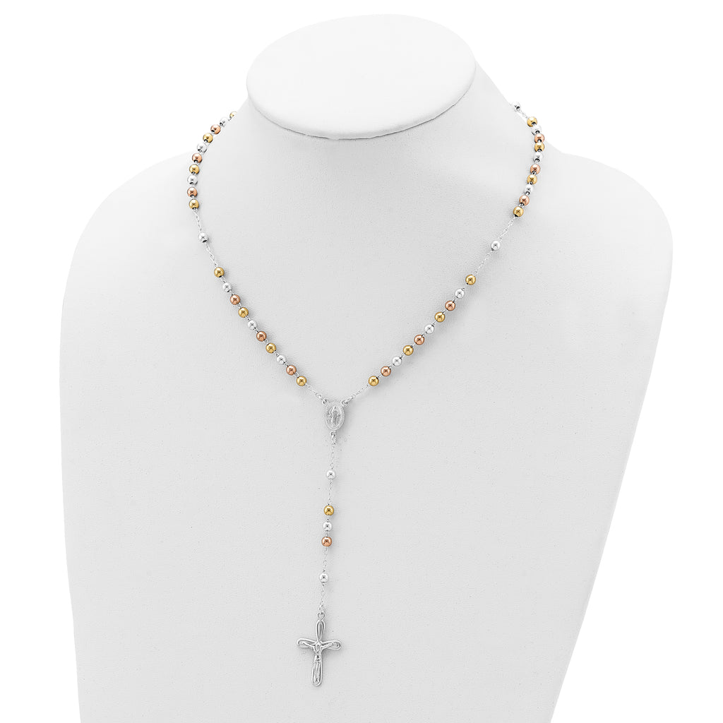 Sterling Silver 925 Polished Rosary Necklace with Tri-Color Beads