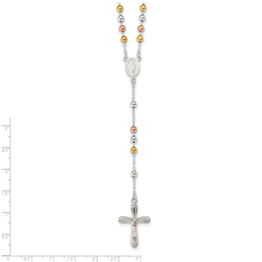 Sterling Silver 925 Polished Rosary Necklace with Tri-Color Beads