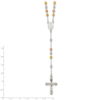 Sterling Silver 925 Polished Rosary Necklace with Tri-Color Beads