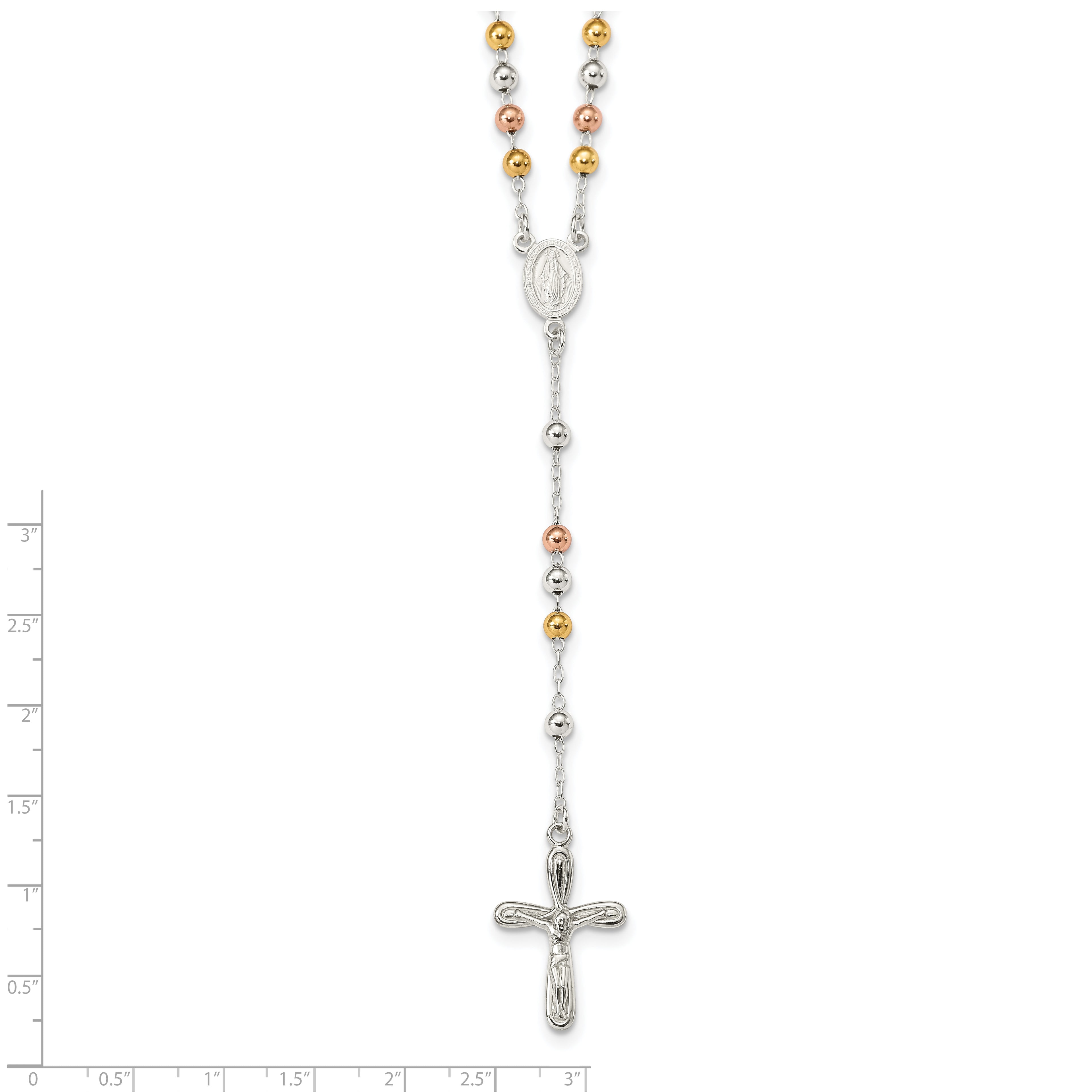 Sterling Silver 925 Polished Rosary Necklace with Tri-Color Beads