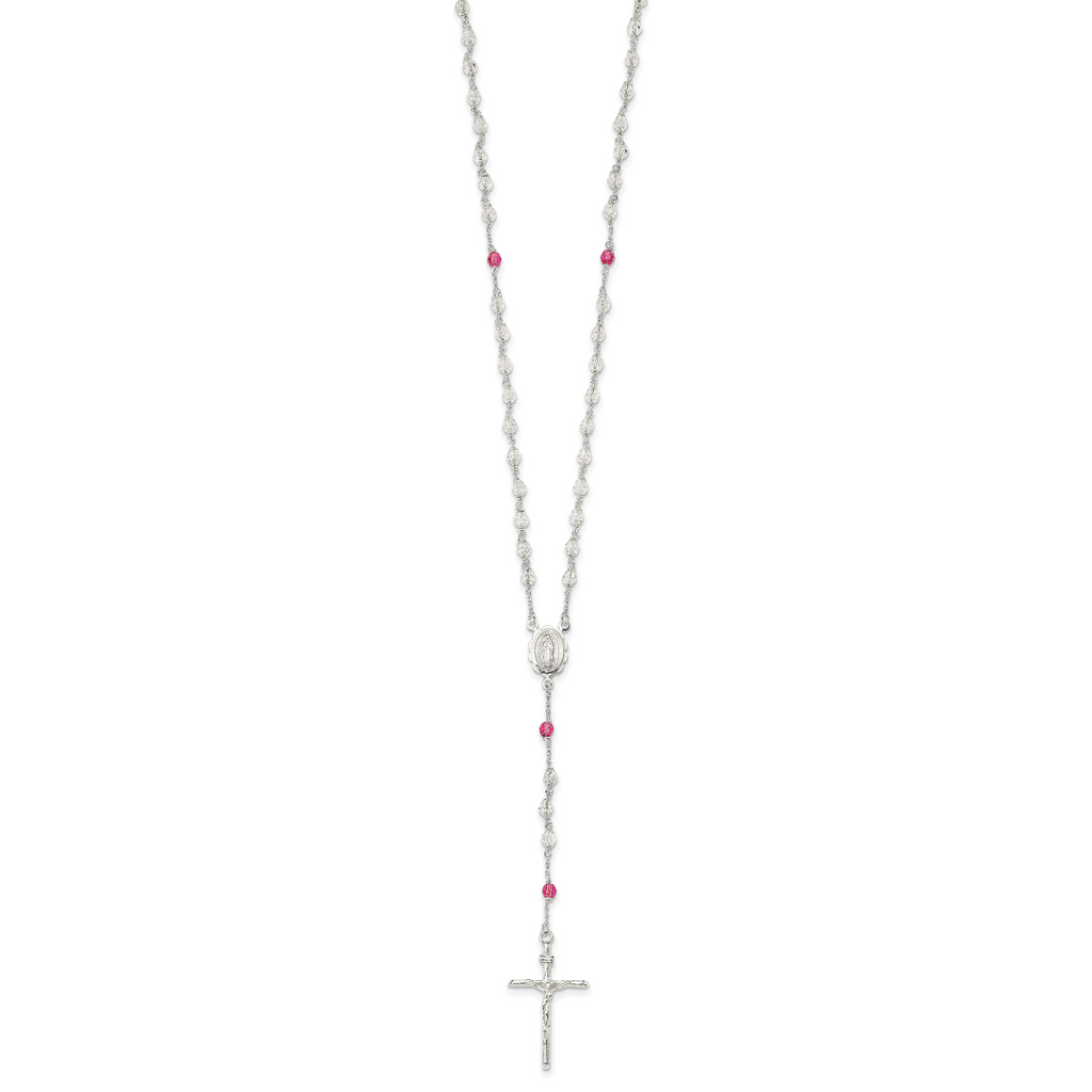 Sterling Silver Rose Quartz Rosary Necklace with Polished Finish Timeless Elegance for Women