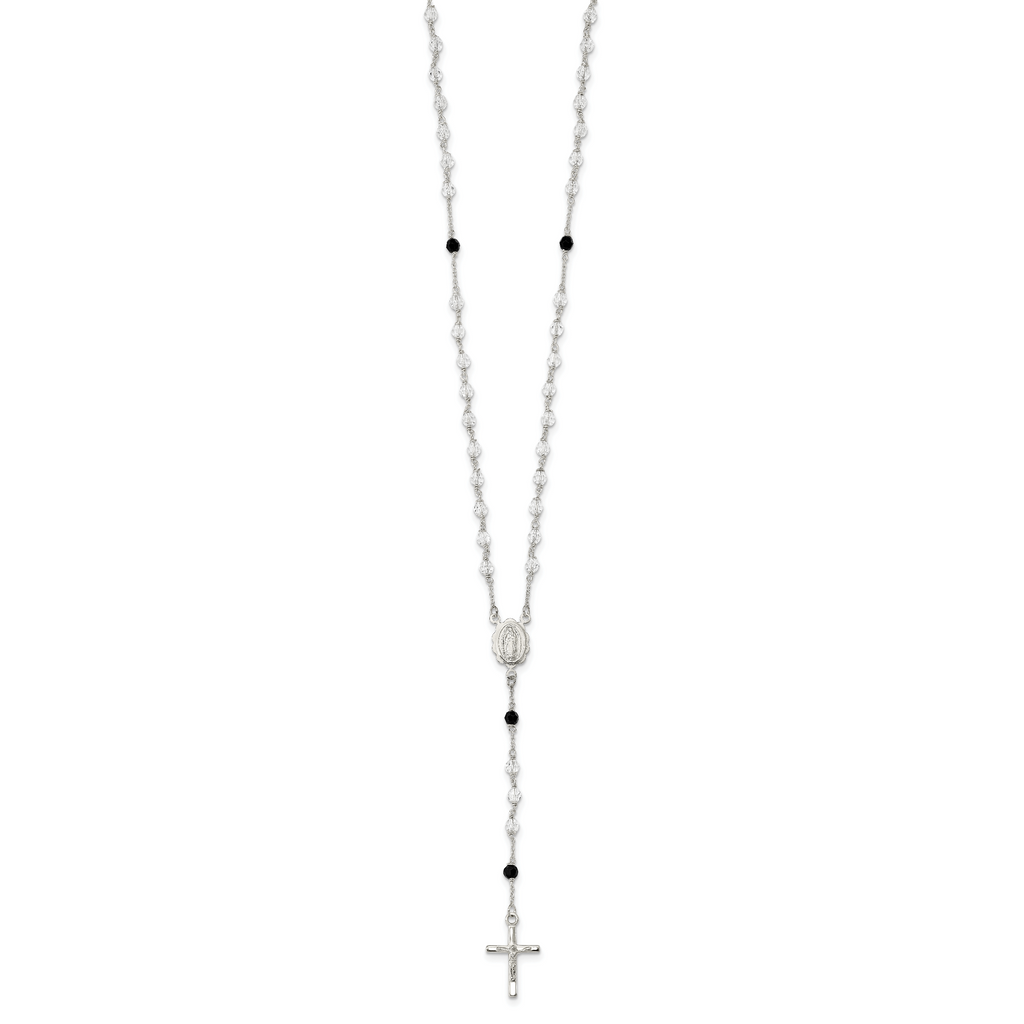 Sophia Jewelers Sterling Silver Rosary Necklace with Black Crystals Elegant & Timeless