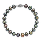 Sterling Silver Rhod-plated 7-8mm Black FW Cultured Pearl Bracelet