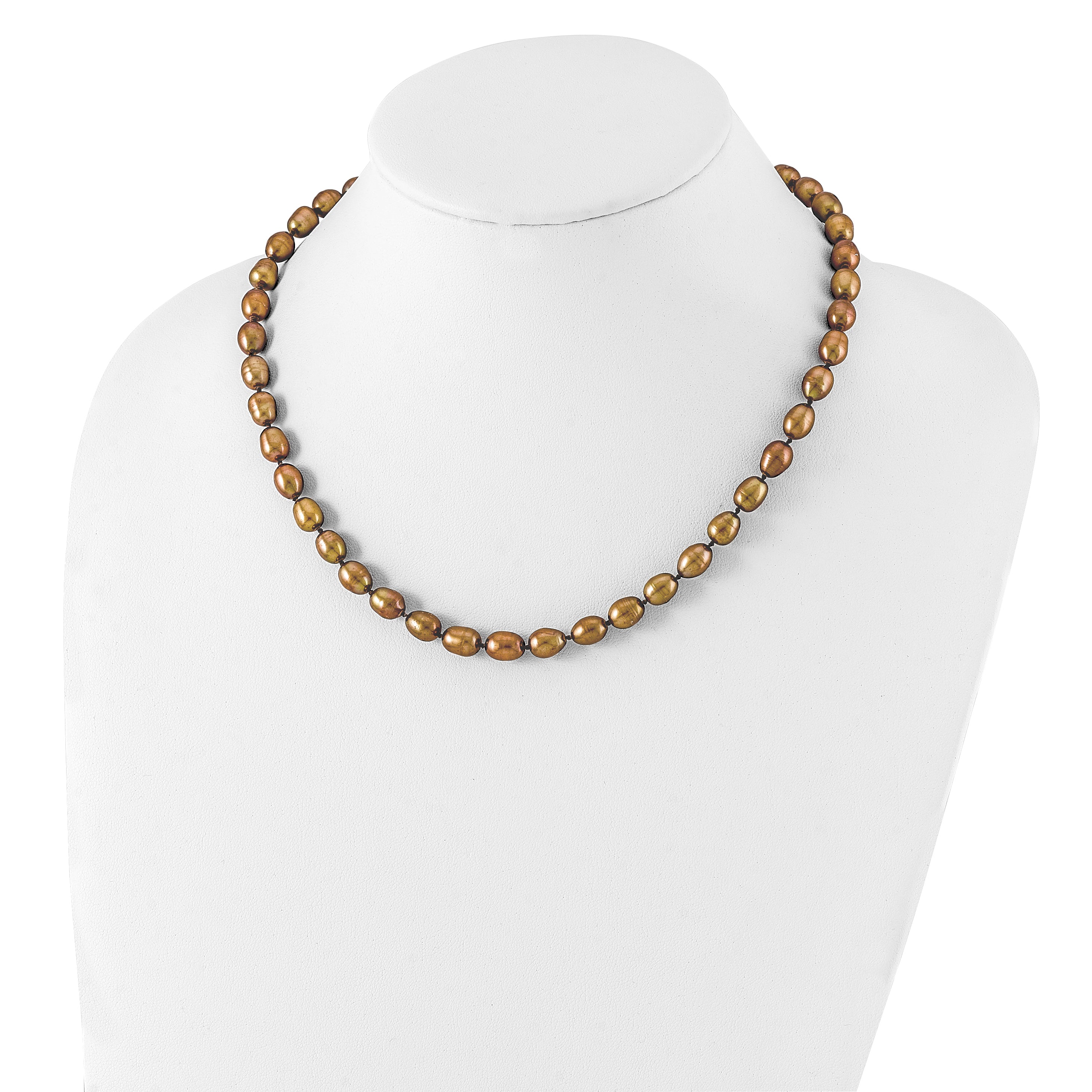 Sterling Silver Pearl Necklace with Rhodium-Plated Brown Rice Pearls